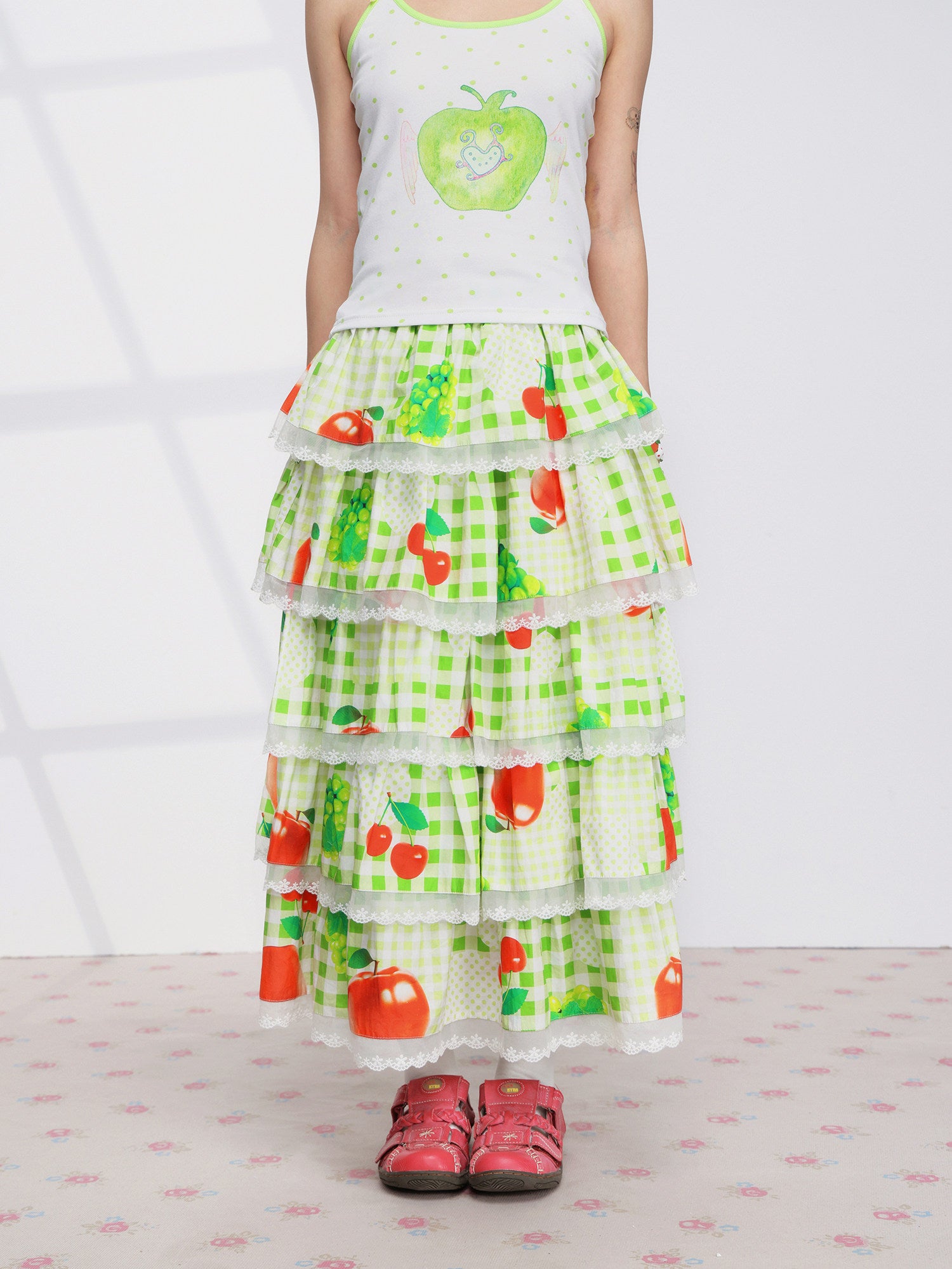 Fruit Plaid Tiered Skirt Kawaii Y2K - FRUITS by Land Decora