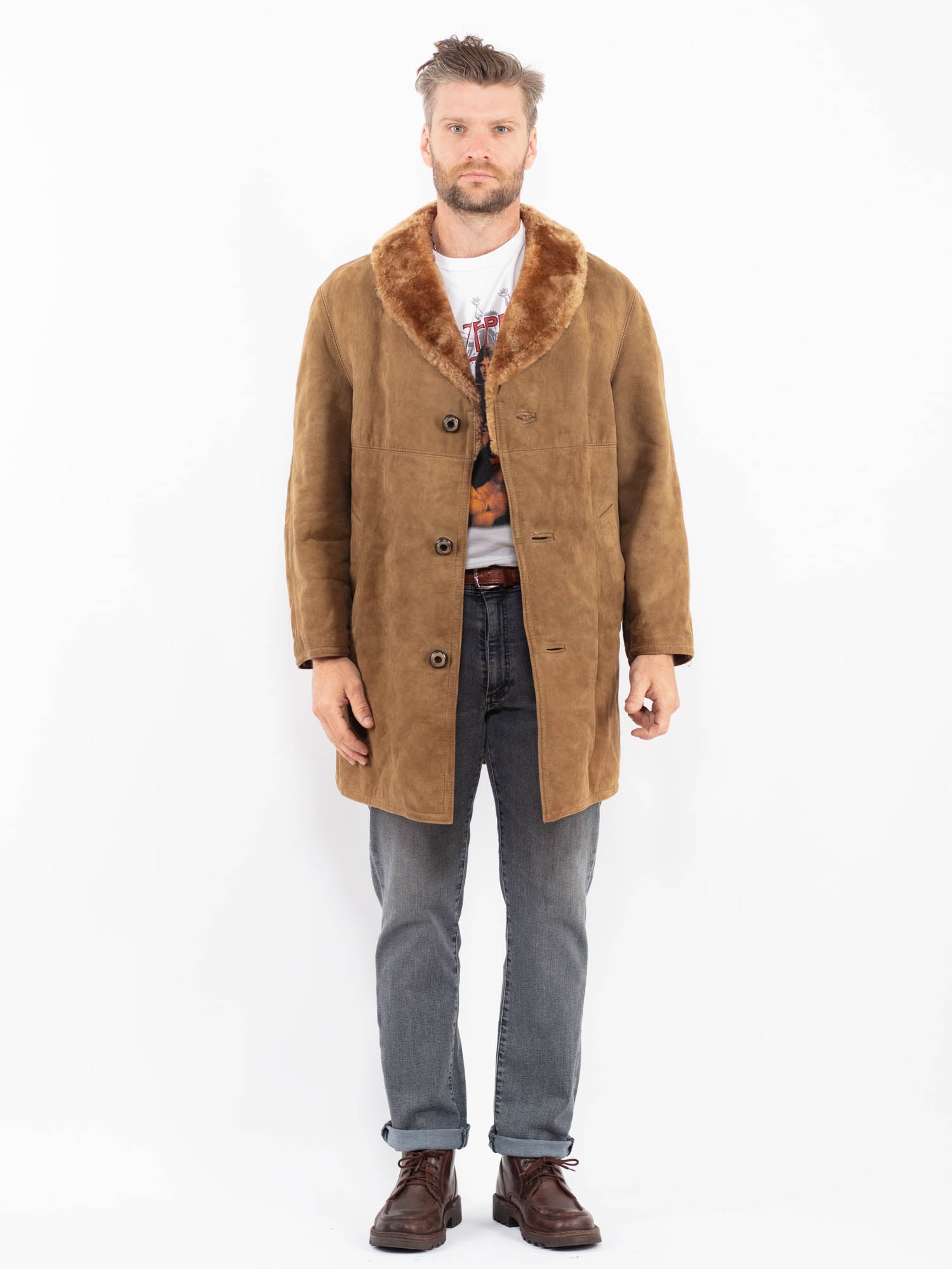 Vintage 70's Men Suede Sherpa Coat in Beige by Northern Grip