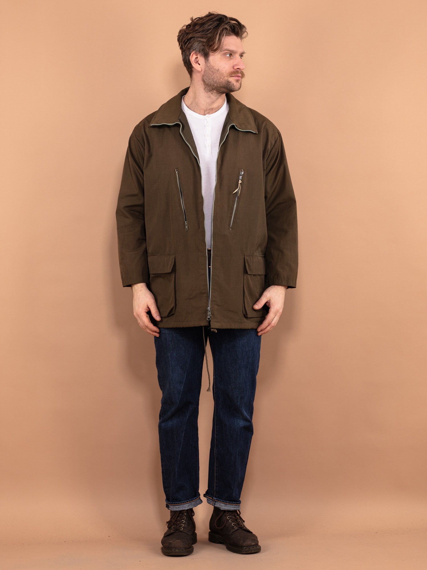 Vintage 70's Men Military Style Parka Coat in Khaki Green by Northern Grip
