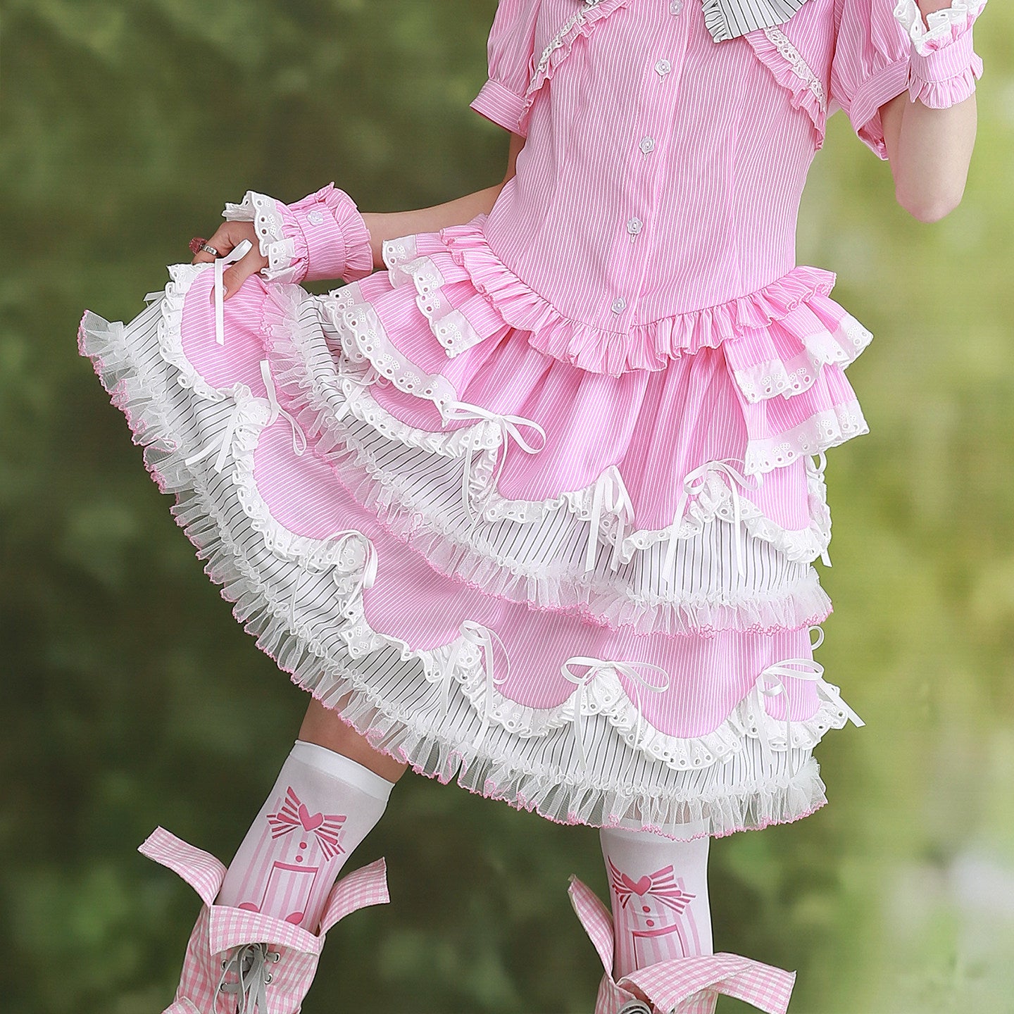 Showa Pink Stripe Lolita Puff Skirt - SOS MEME CLUB by Land Decora