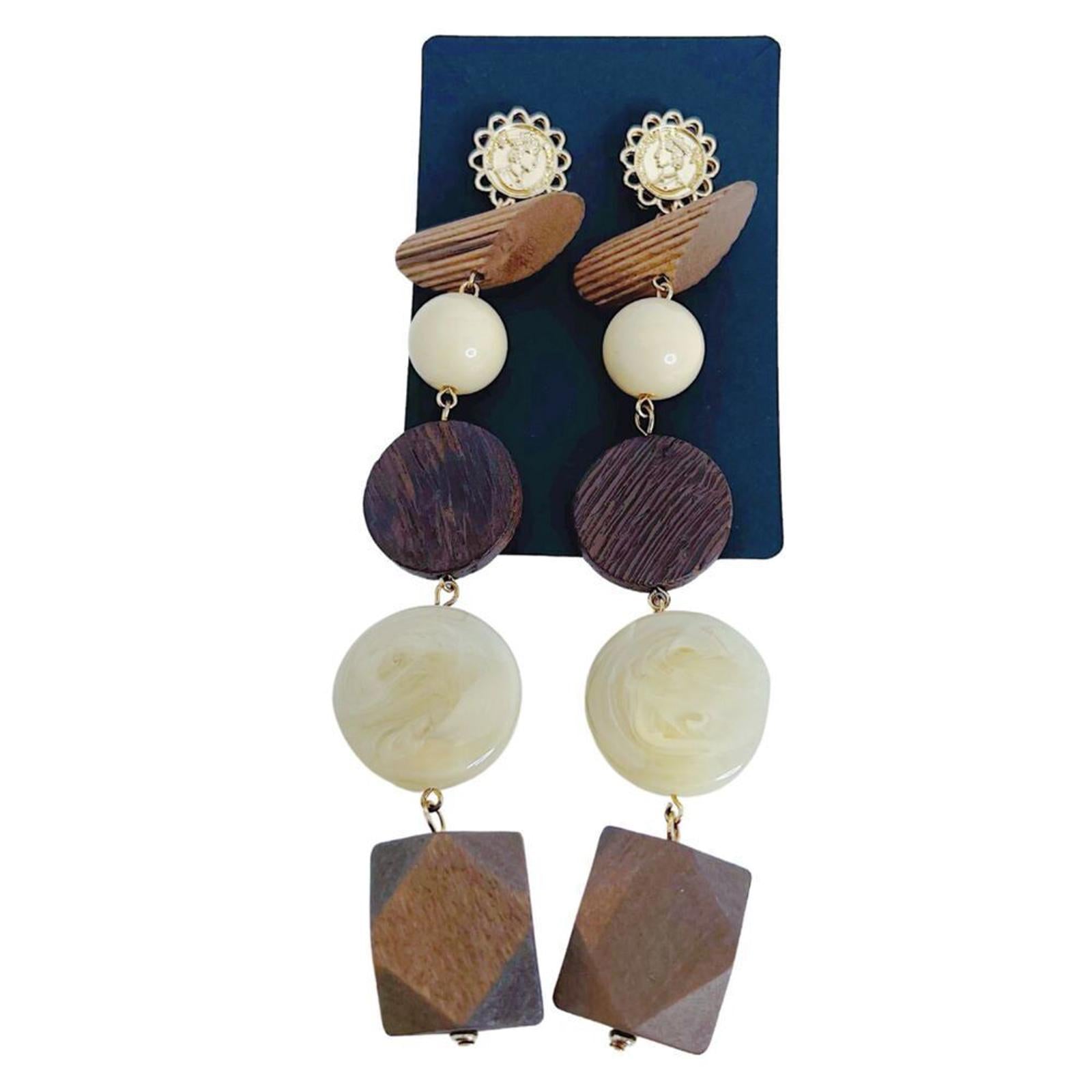 Natural Wood Statement Earrings Geometric Block Dangling Boho by Hot Girl Secondhand