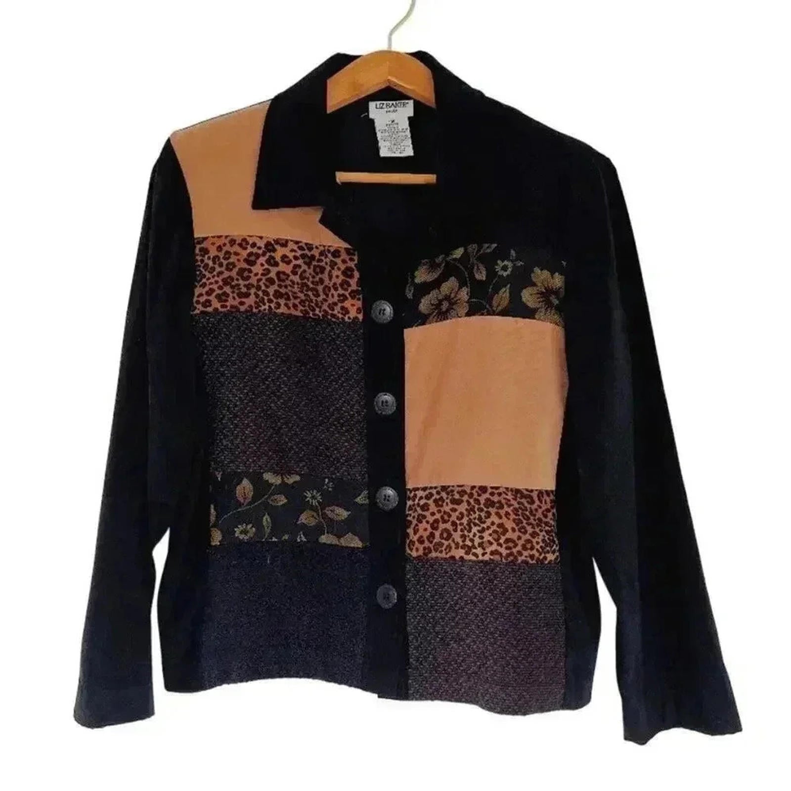 Vintage Liz Baker Black Brown Patchwork Long Sleeve Button Up Blouse S by Hot Girl Secondhand