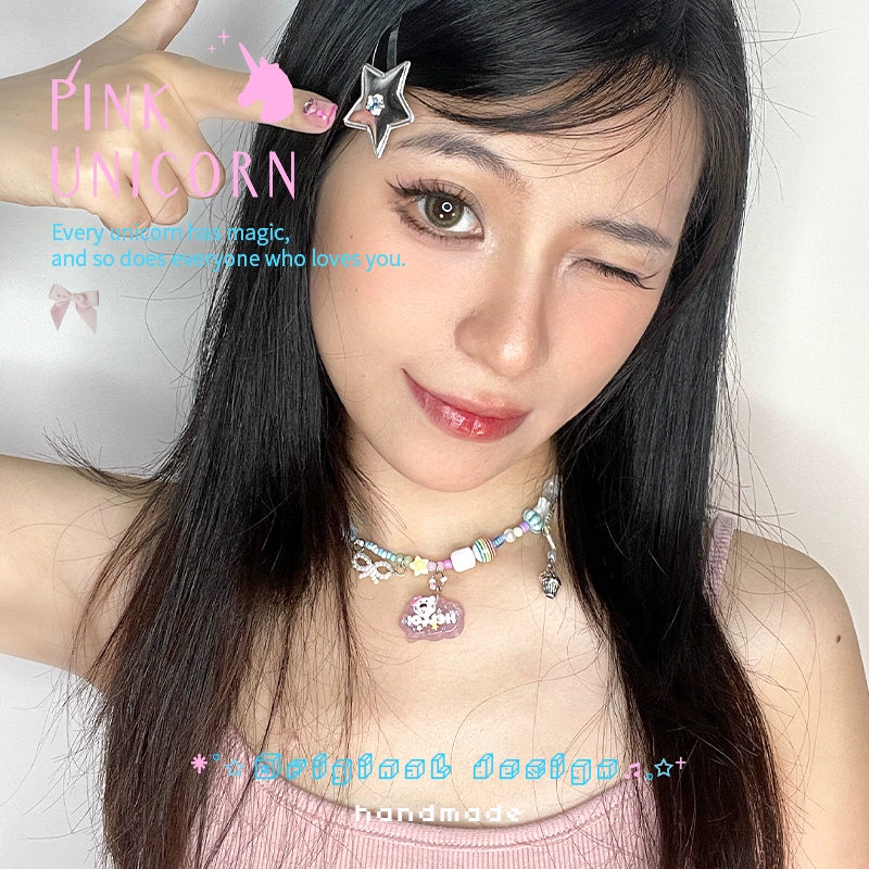 Harajuku Dopamine Kitty Tag Necklace – Candy Color Beaded Choker | Pink Unicorn by Land Decora