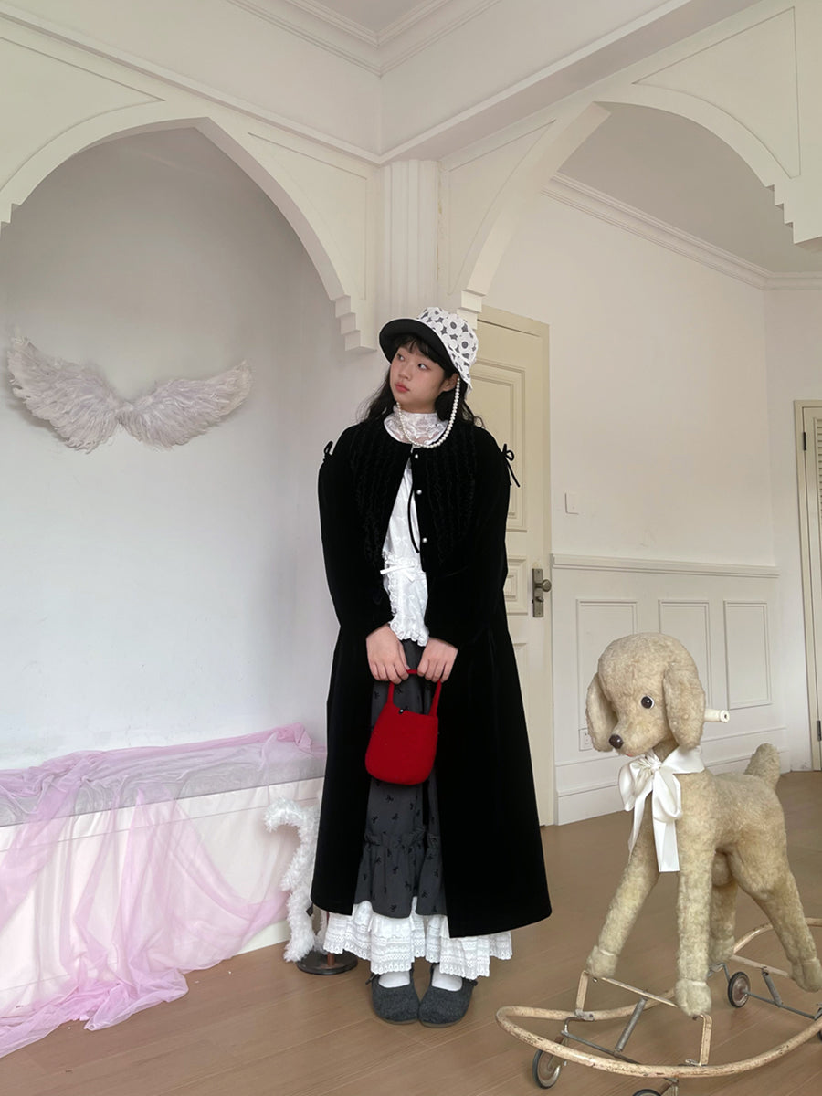 Girly Fashion Velvet Ruffle Vintage Long Coat Trench - daytoday everyday institute by Land Decora