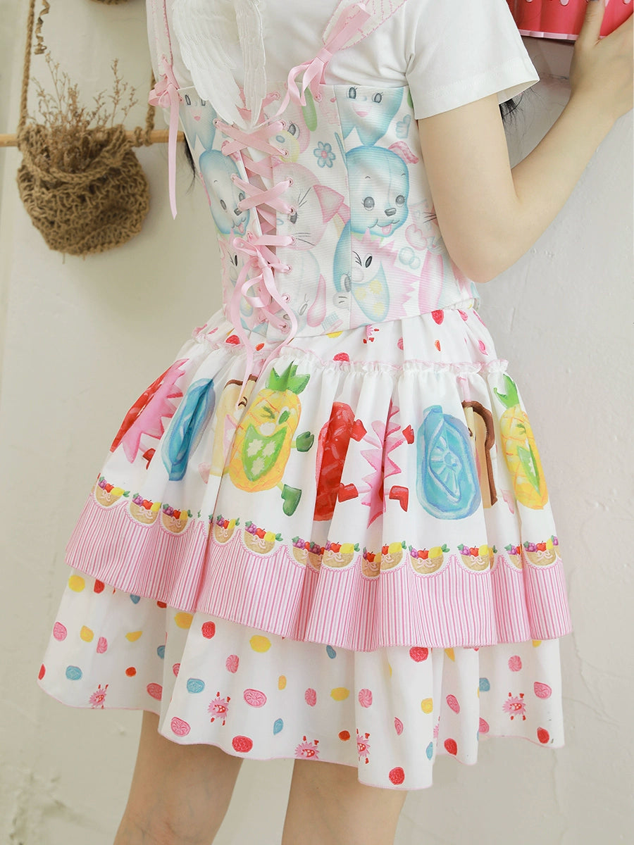 Meugler Colorful Fruity Candy Lolita Pleated Skirt – Vibrant Multi-color Design by Land Decora