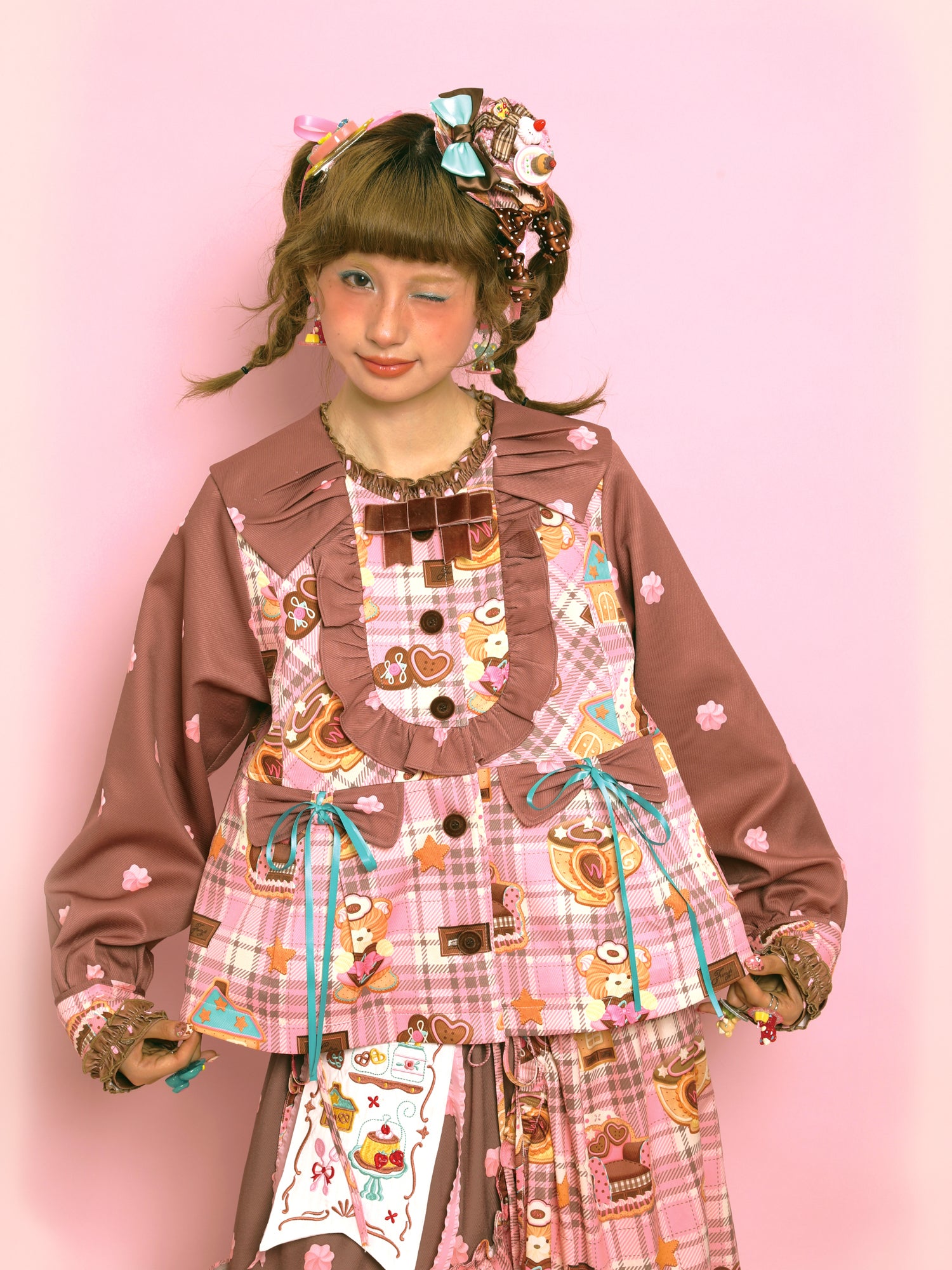 Plaid Cream Print Doll-Style Coat with Detachable Brooch Kawaii - Lutra Jump by Land Decora