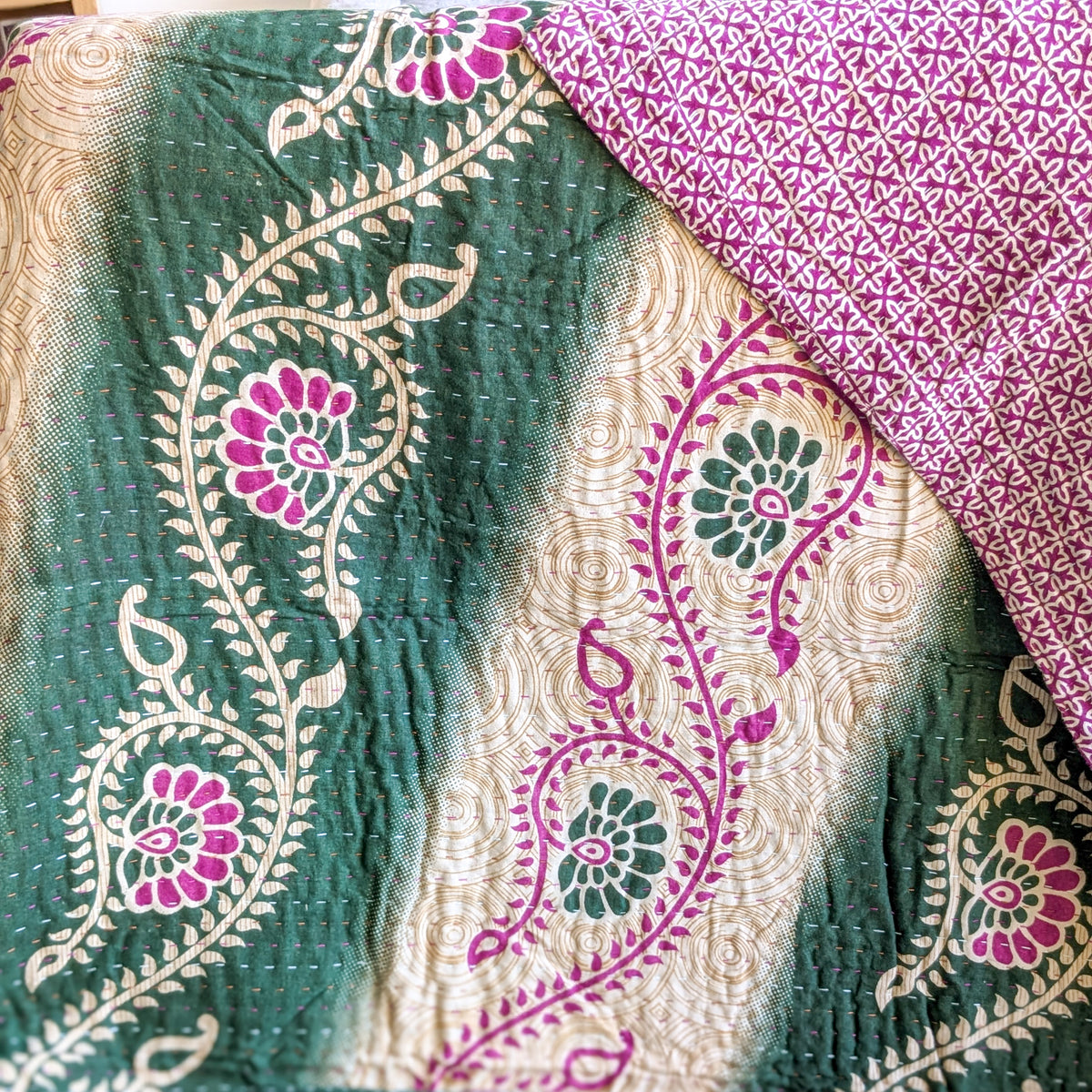Mini kantha quilt in shades of green, pink & beige, handwoven in Bangl by Shakti.ism