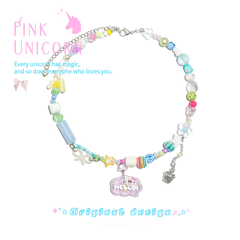 Decora Kei Kitty Tag Necklace - Acrylic Stone Metal - Pink Unicorn by Land Decora