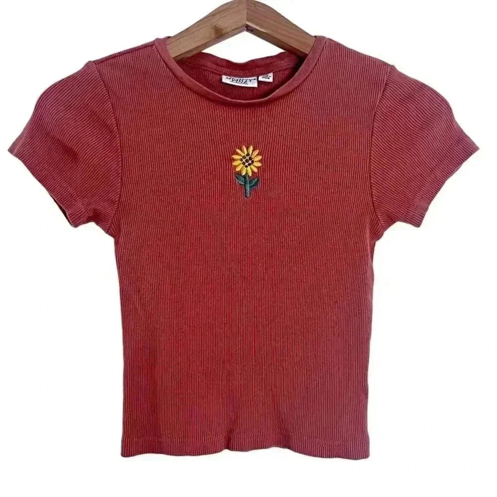 Mighty Fine Rust Colored Ribbed Sunflower Embroidered Crop Top Women's by Hot Girl Secondhand