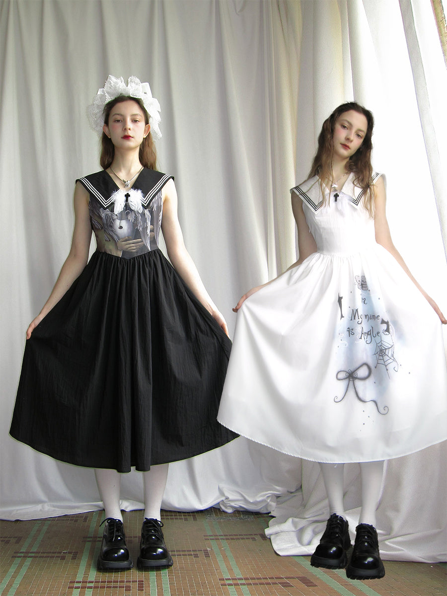 Kawaii Sleeveless Sailor Dress Feather Cross Gothic - daytoday everyday institute by Land Decora