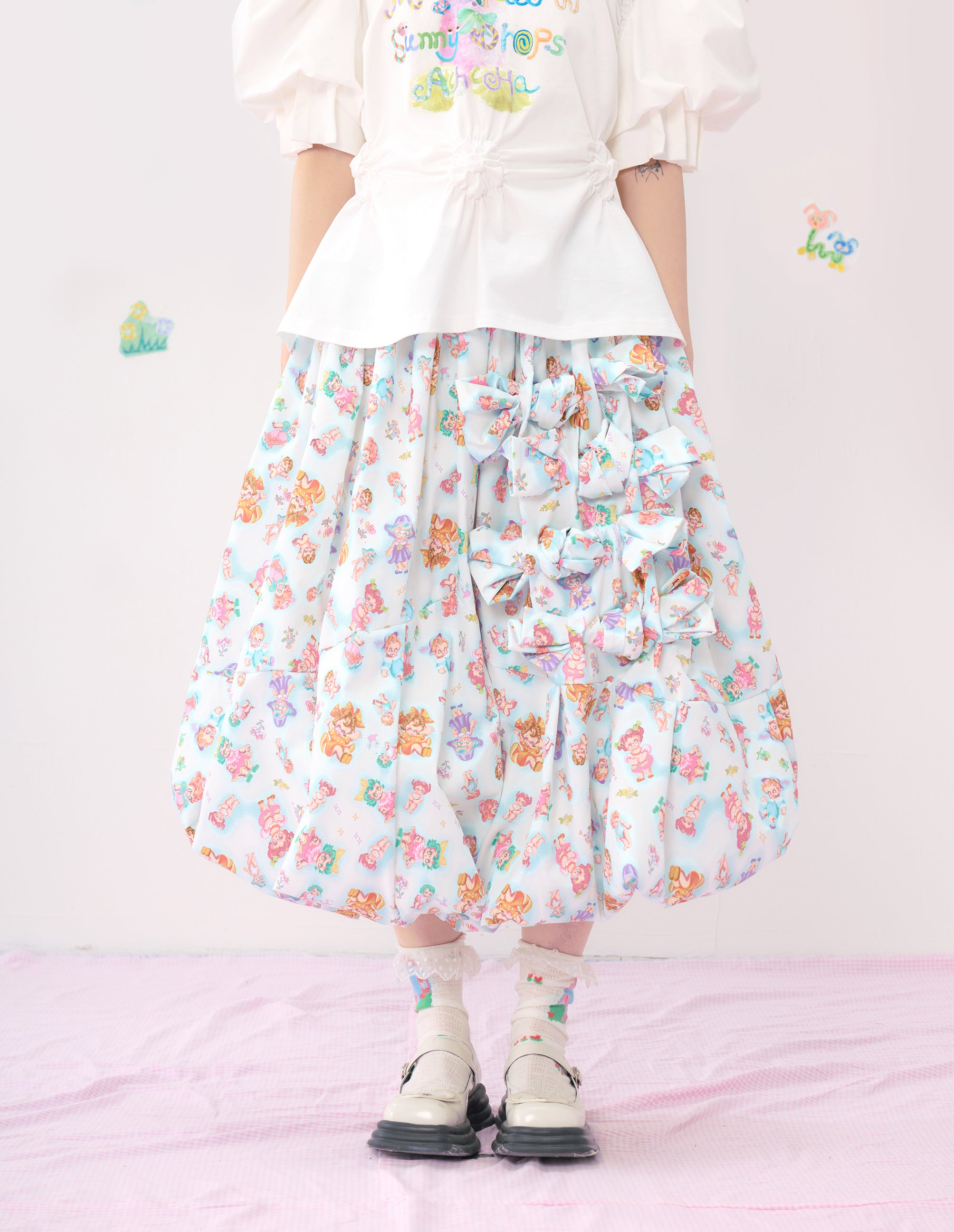 Harajuku Skirt Bow Multicolor Printed Blue Oversized Skirt - HELPHELP by Land Decora