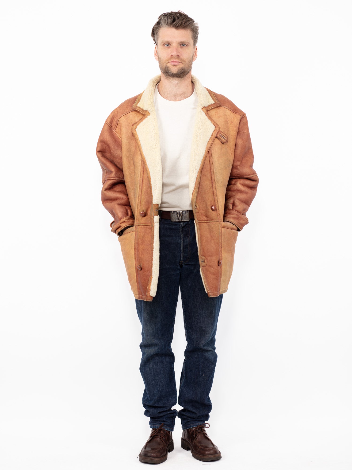 Vintage 70's Men Oversized Sheepskin Coat in Brown by Northern Grip