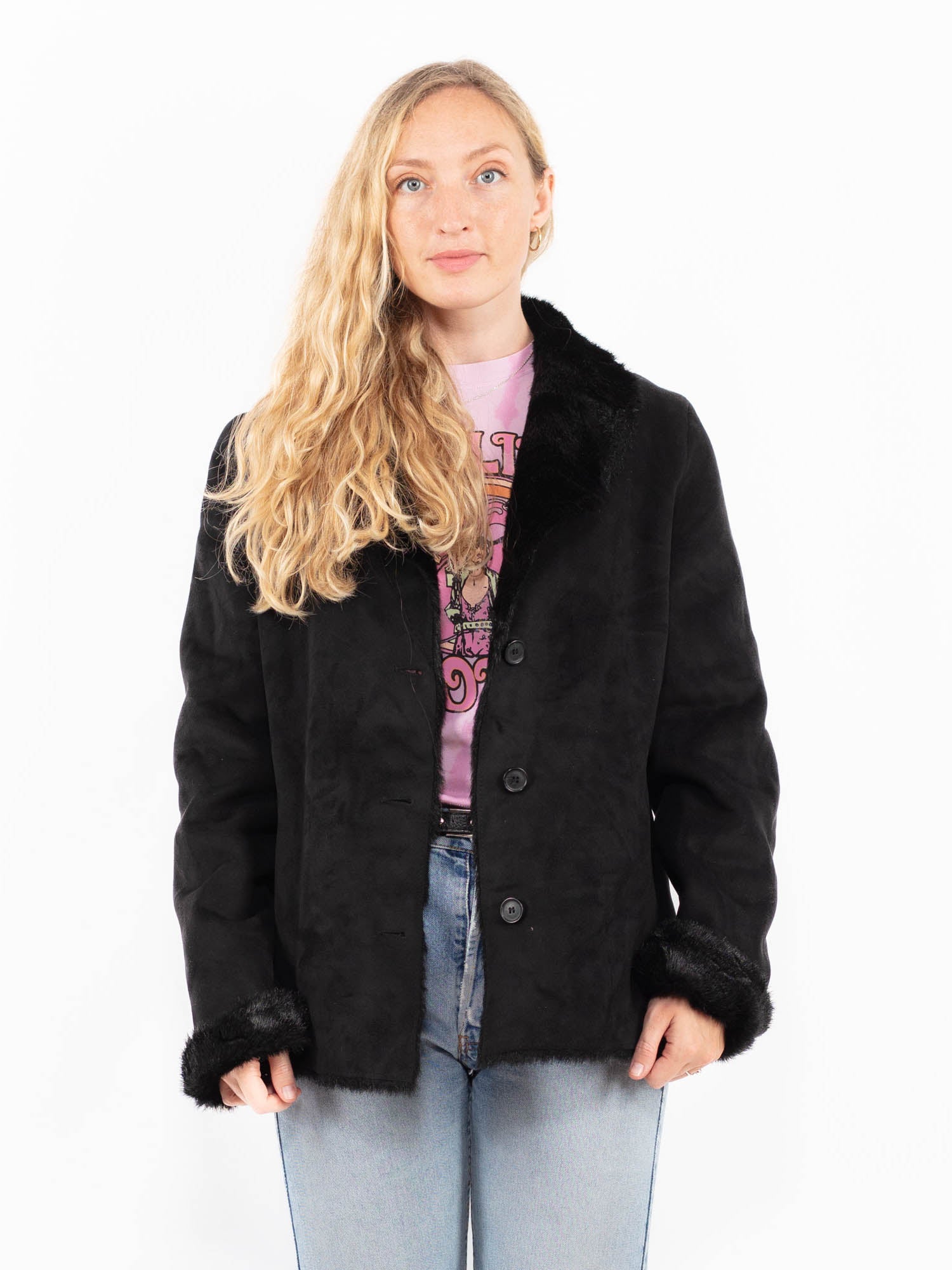 Vintage 90's Women Faux Sheepskin Jacket in Black by Northern Grip