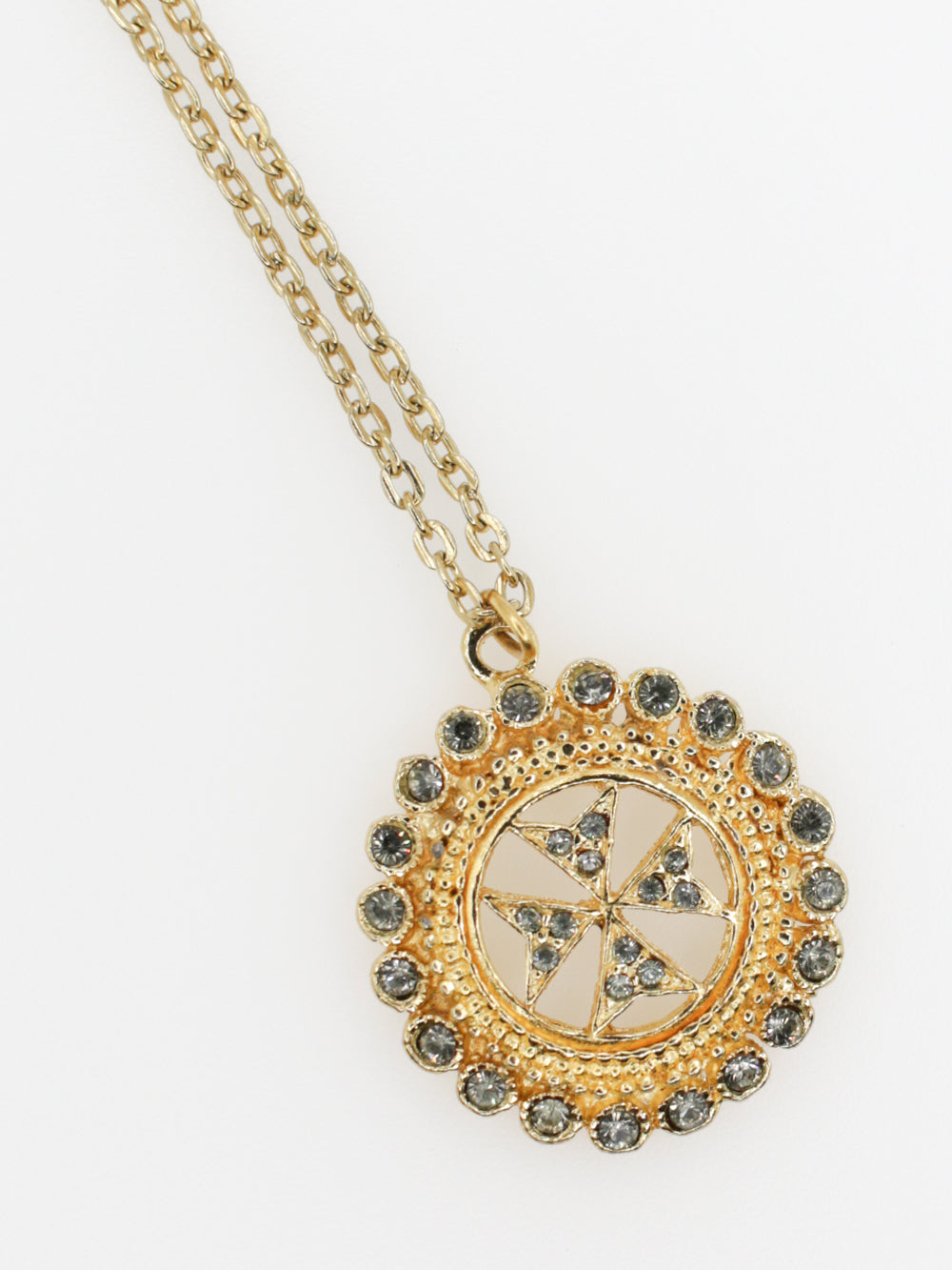 Vintage Gold Tone Pinwheel Pendant Necklace With Rhinestones by Northern Grip