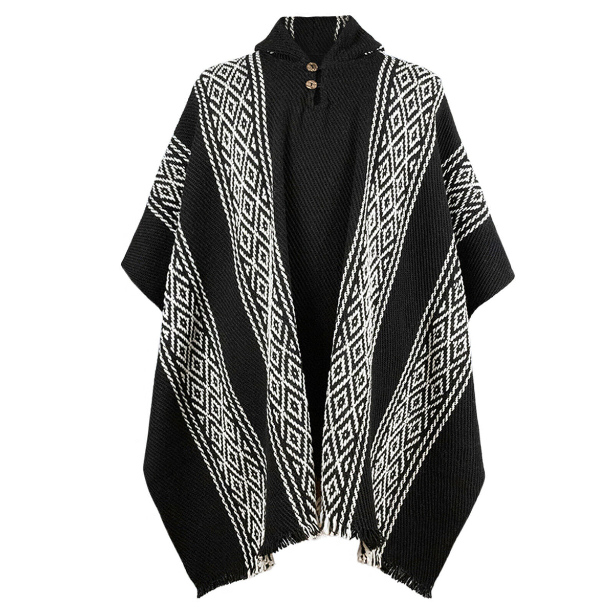 Llama Wool Unisex South American Handwoven Thick Hooded Poncho Black/White by ECUALAMA