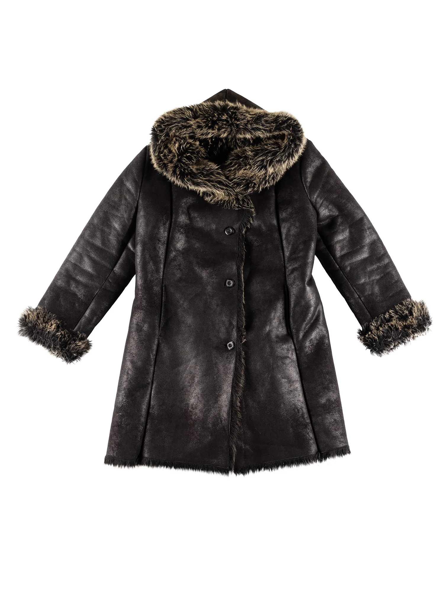 Vintage 70's Women Faux Sheepskin Hooded Penny Lane Coat in Black by Northern Grip
