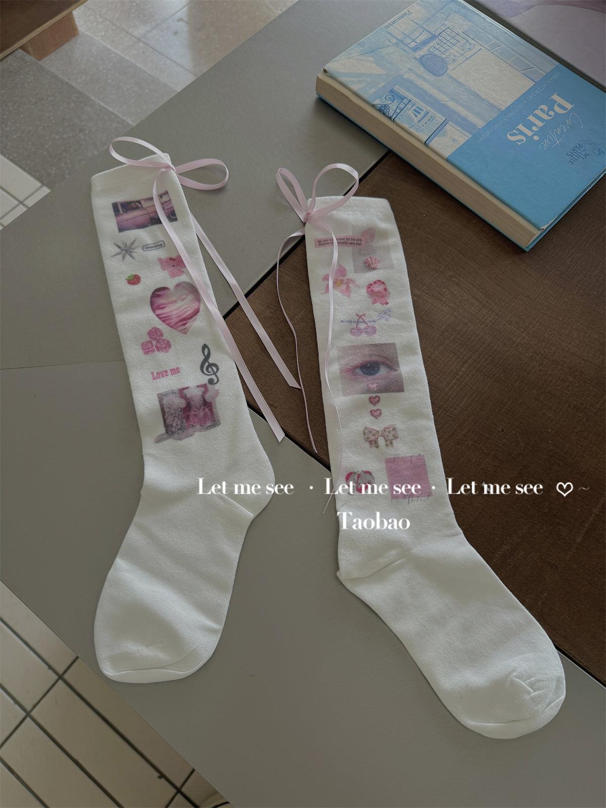 LET ME SEE Kawaii Bow Socks | Harajuku Cotton Printed Calf Socks by Land Decora