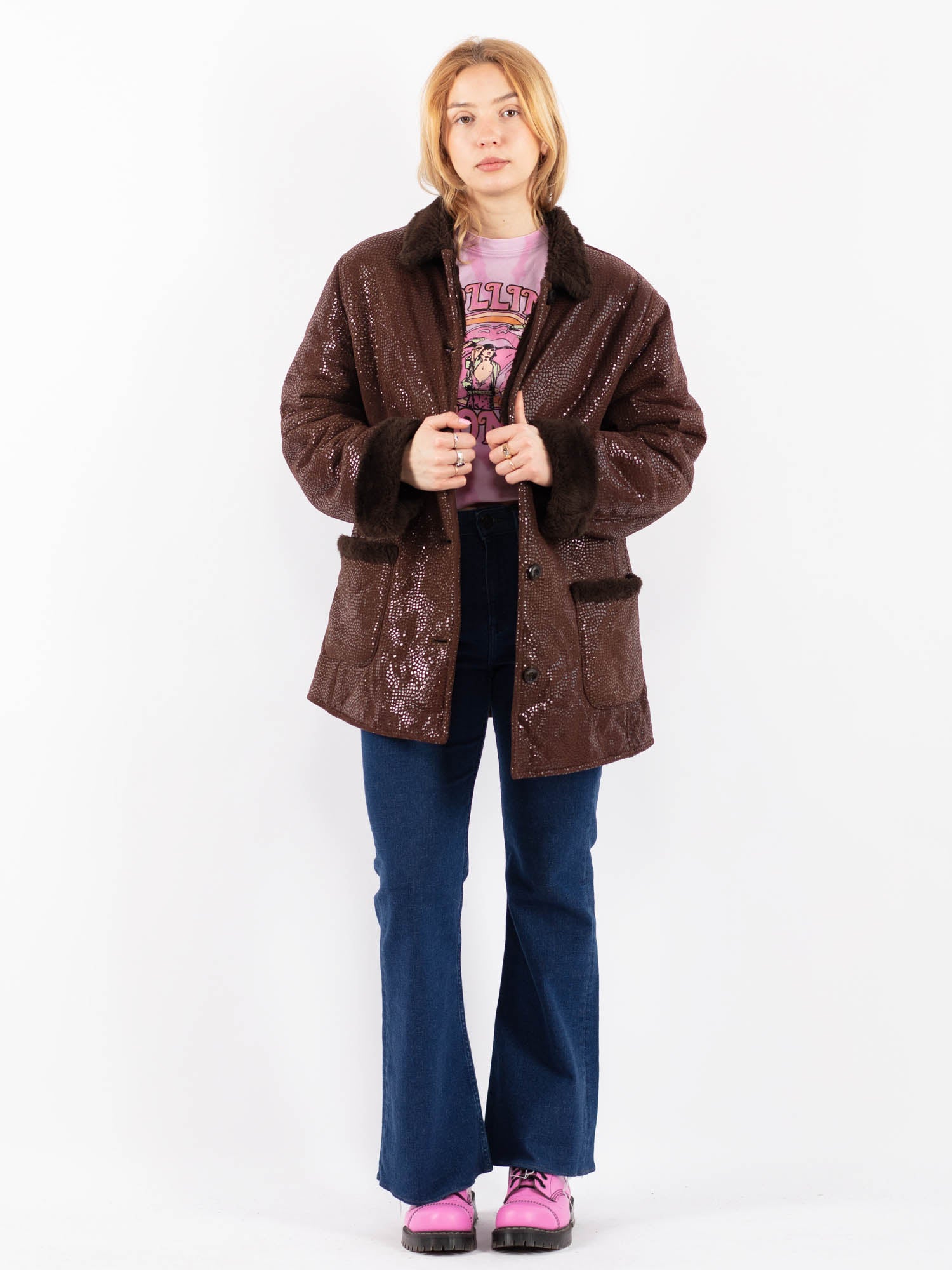 Vintage 00's Women Faux Sheepskin Coat in Brown by Northern Grip