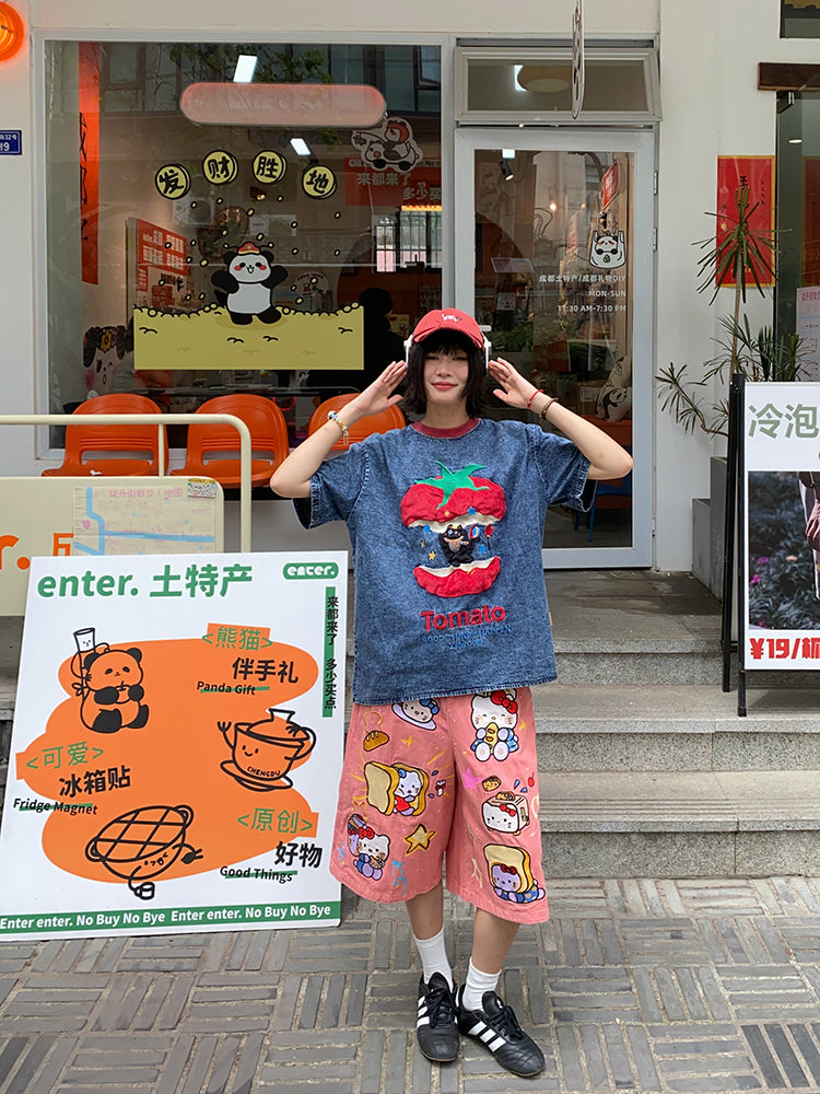 Kidcore Embroidered Cat Apple Tee Oversized Cute Style - BIBULU by Land Decora