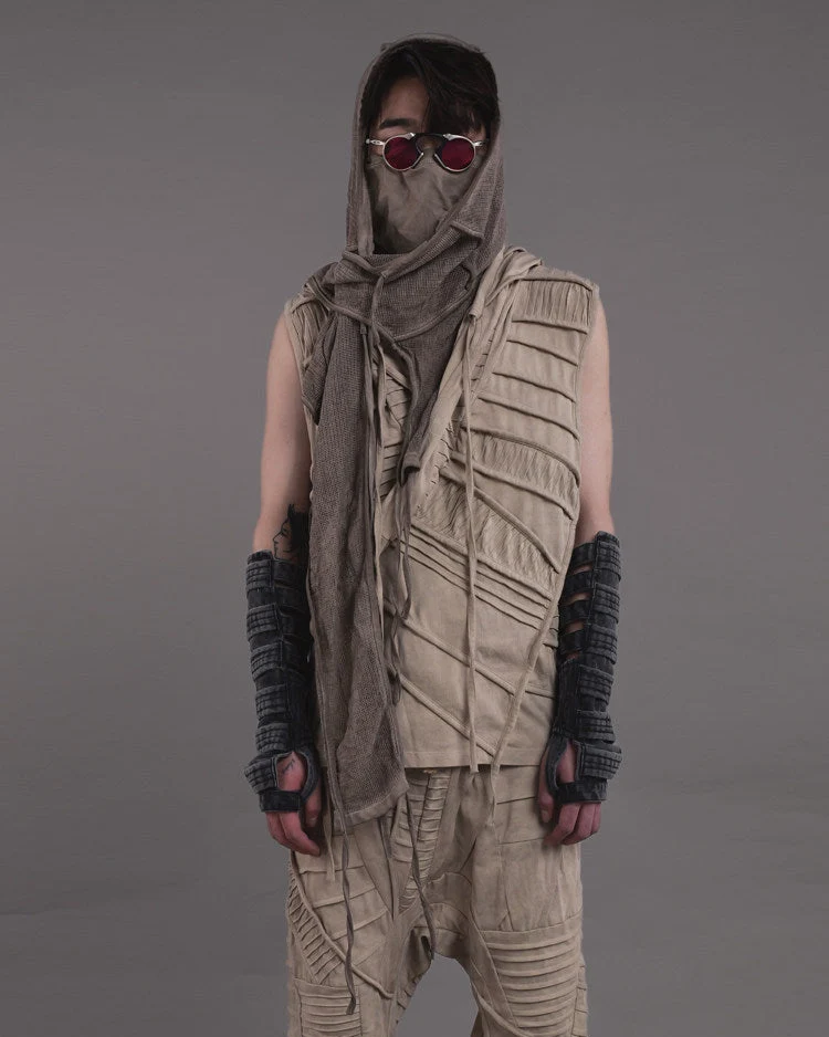 WAXED PLEATED ASYMMETRIC HOODED VEST by OFFCULTURE