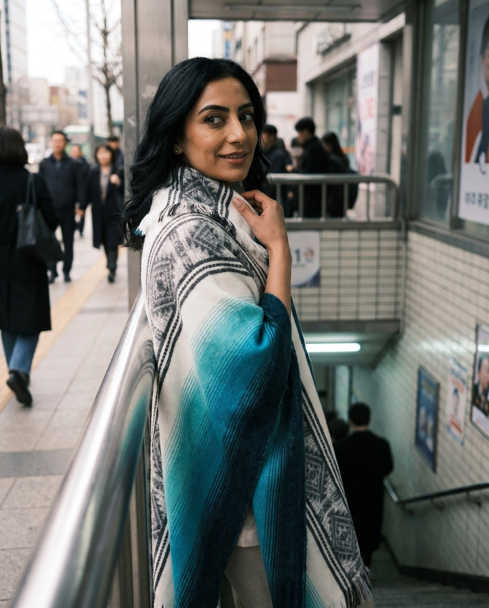 Punin – Lightweight Alpaca Blend High-Collar Poncho – Turquoise & Blue by ECUALAMA