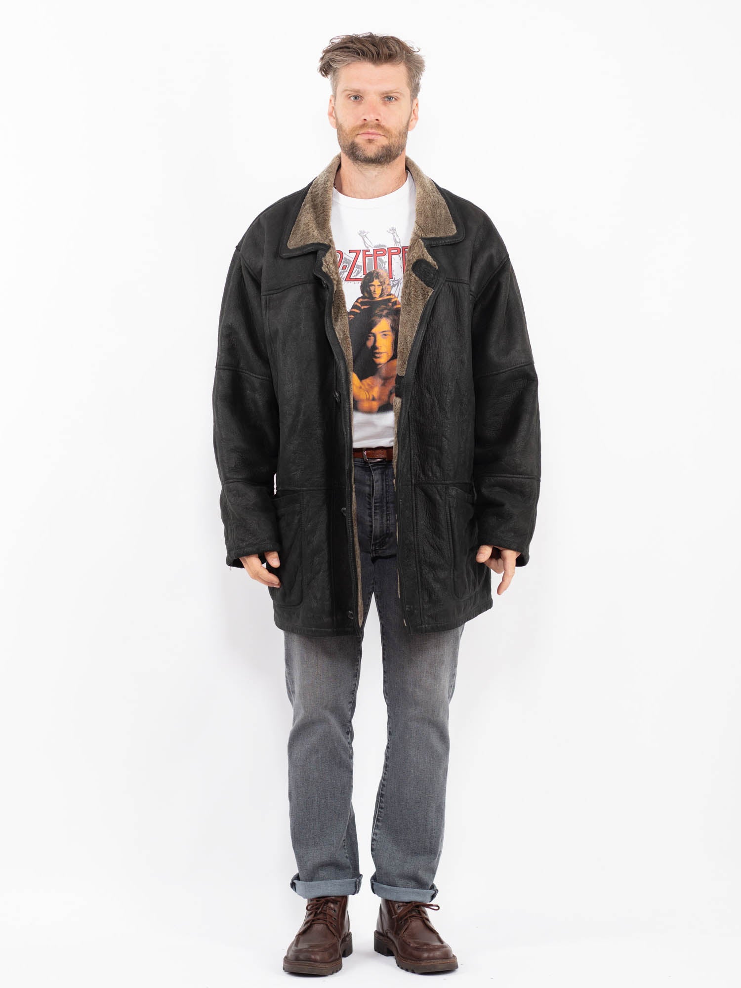 Vintage 90's Men Sheepskin Coat in Black by Northern Grip