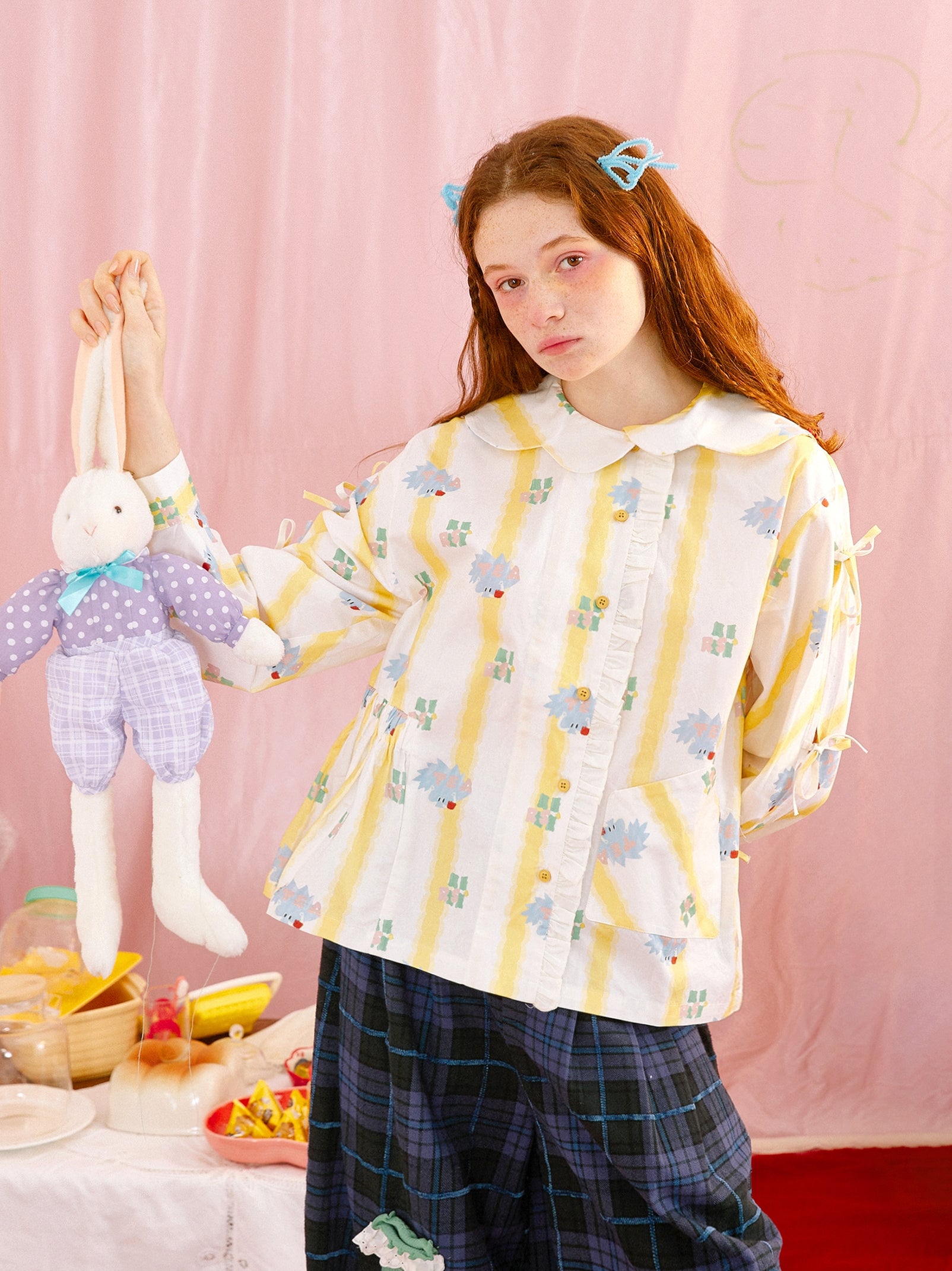 Harajuku Shirt Irregular Collar Illustration Print Yellow Striped Bow Shirt - HELPHELP by Land Decora
