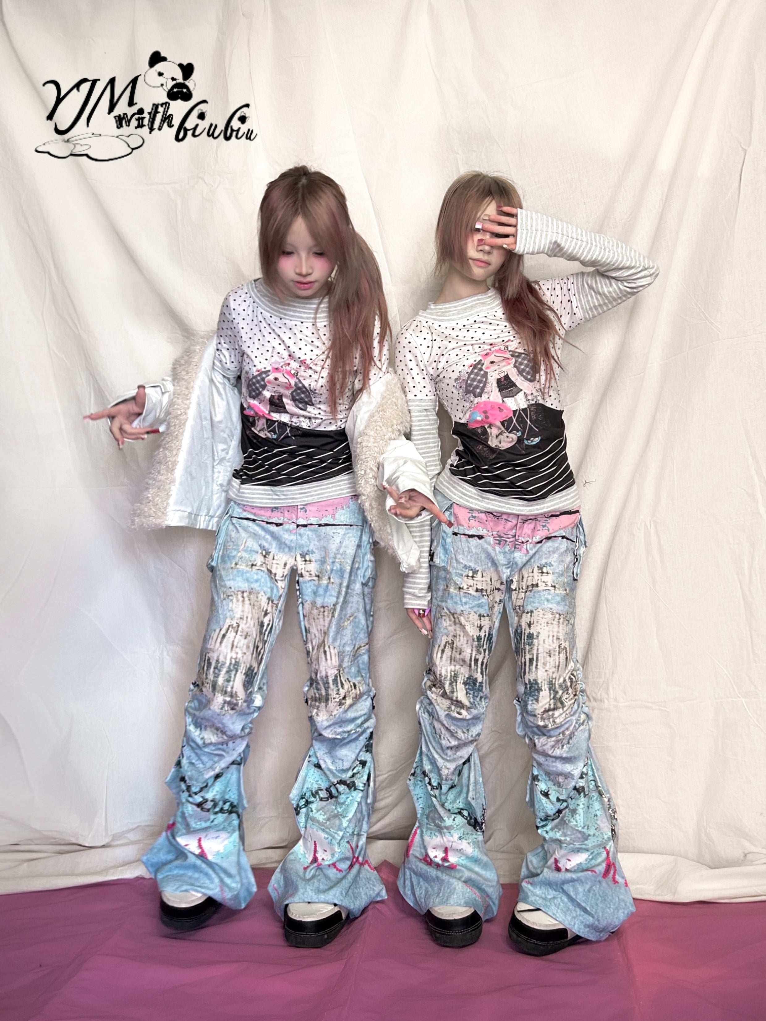 YJM with biubiu Graffiti Ruched Pants | Low-Waist Thin Long Pants by Land Decora