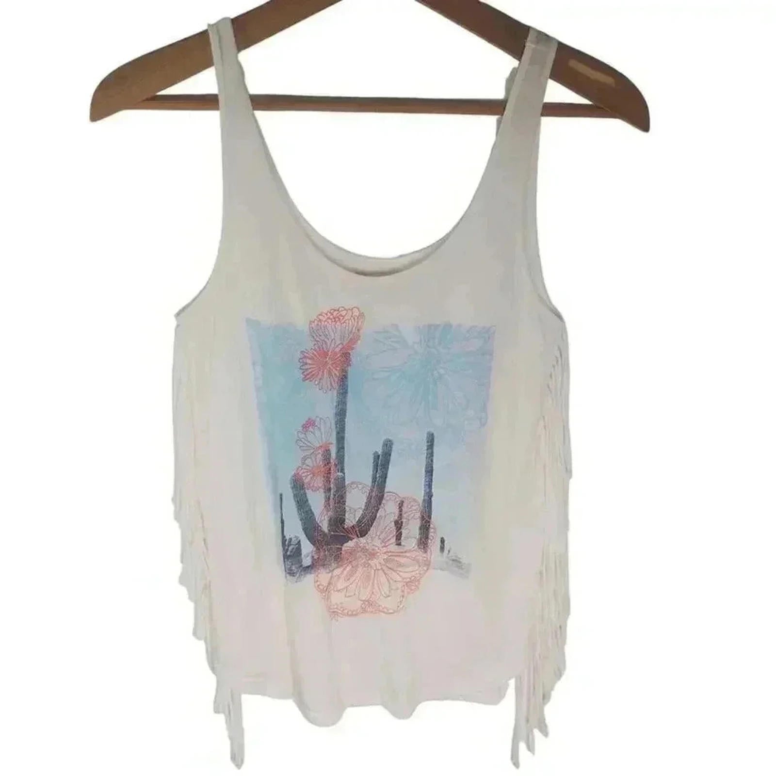 Hollister Off White Cactus Embroidered Fringe Tank Top Western Festiva by Hot Girl Secondhand