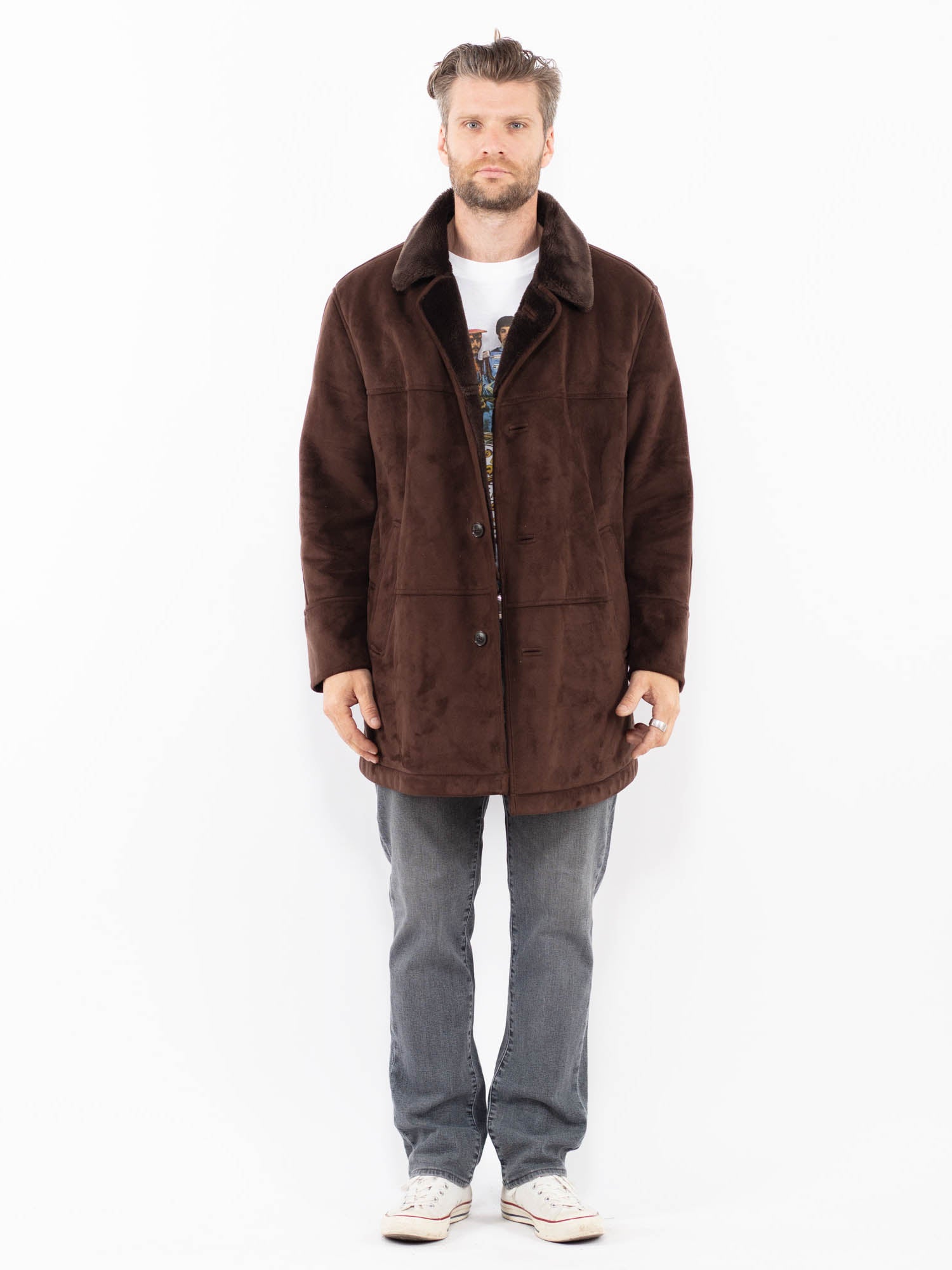 Vintage 00's Men Faux Sheepskin Coat in Brown by Northern Grip