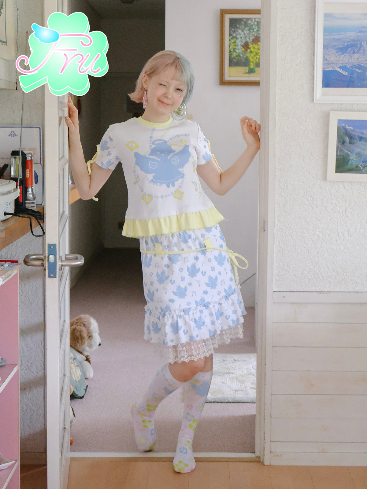 frufru Angel Print Cotton Mini Skirt – Decora‑Ready White Half‑Skirt by Land Decora
