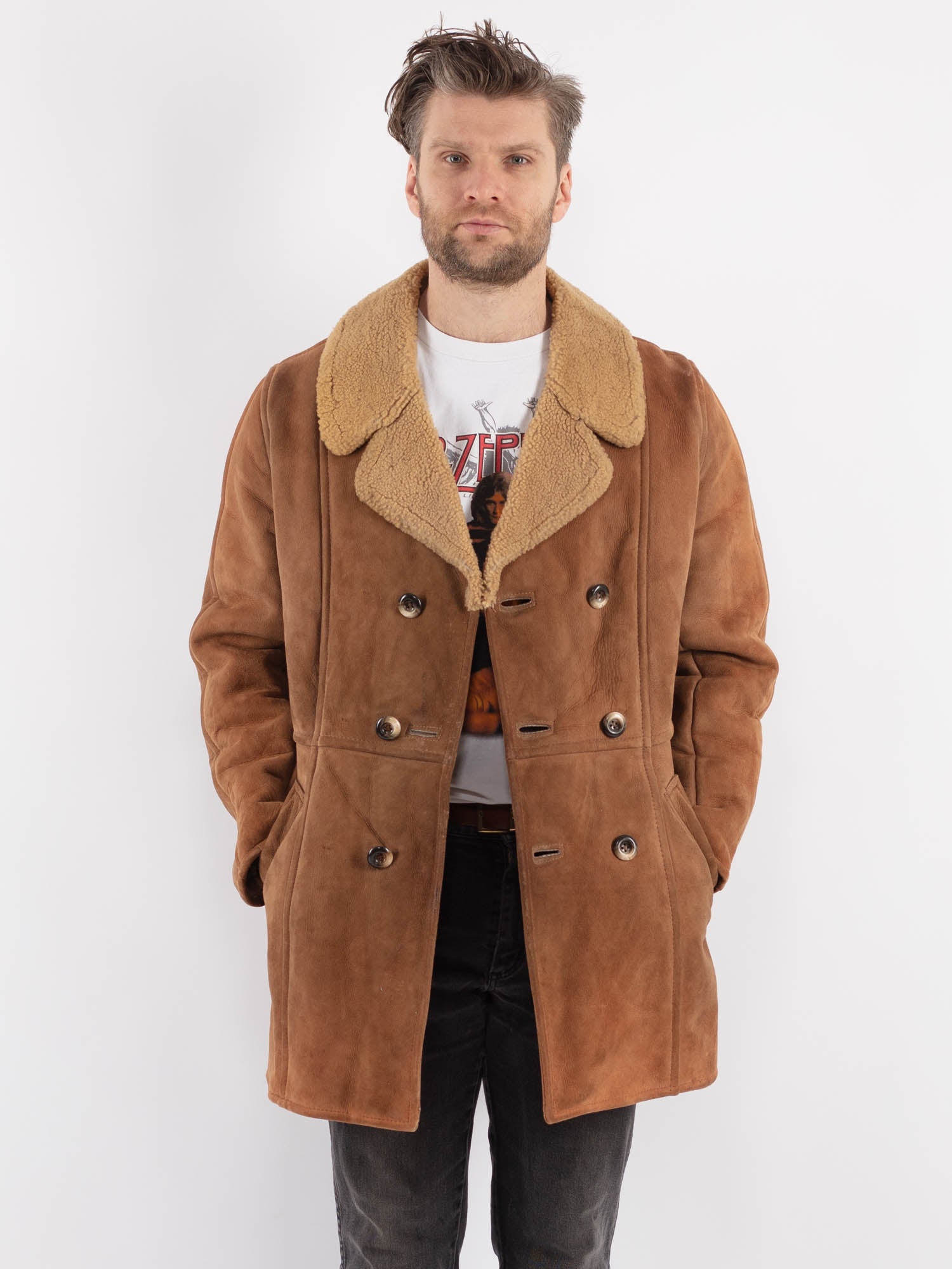 Vintage 70's Men Sheepskin Coat in Brown by Northern Grip