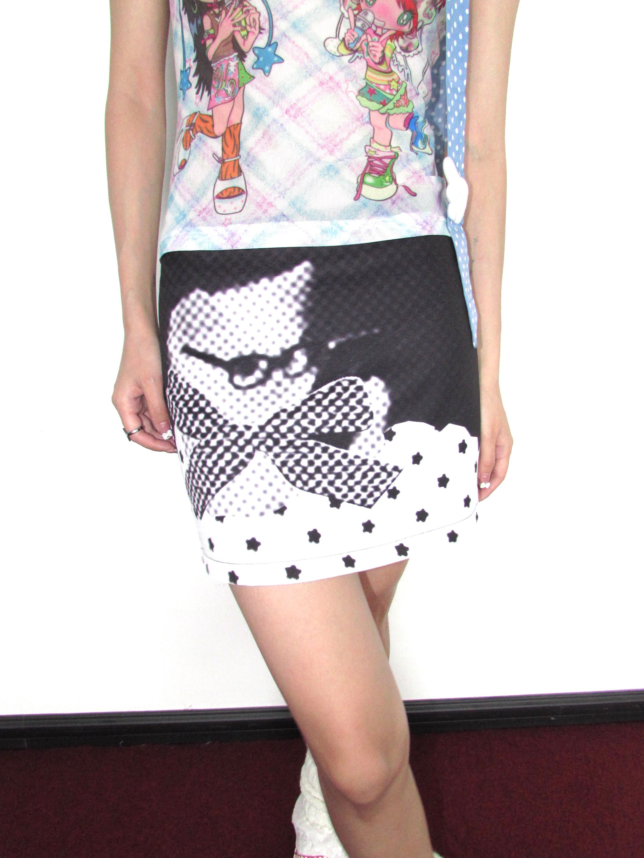 OurHappy Harajuku Skirt | Retro Dot & Star Cat Print Skirt by Land Decora