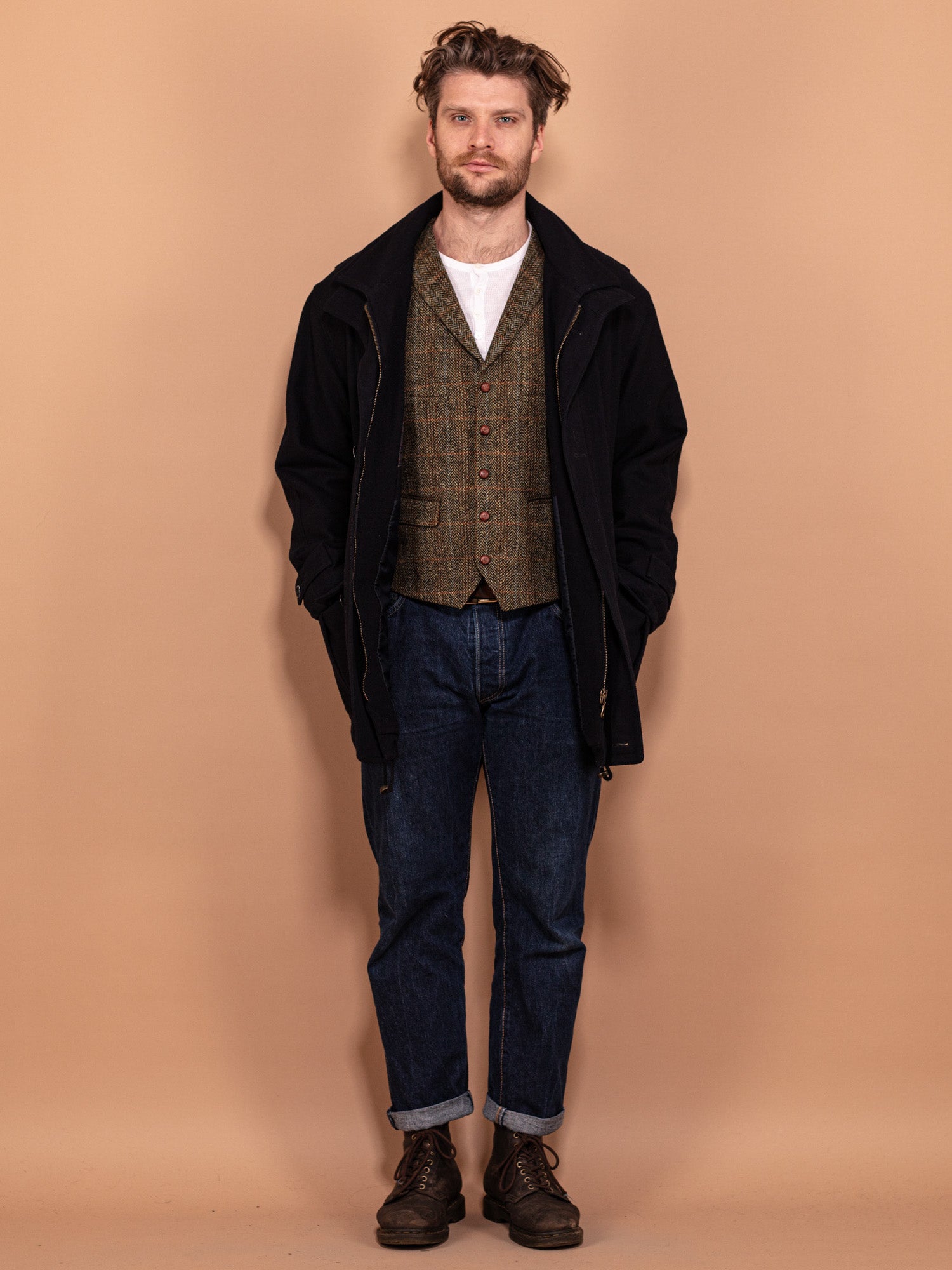 Vintage 90's Men Wool Blend Parka Jacket in Black by Northern Grip