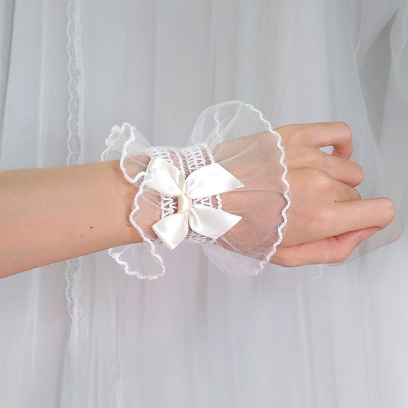 Kawaii White Lace Bow Lolita Wrist Cuffs - MaoJiang by Land Decora