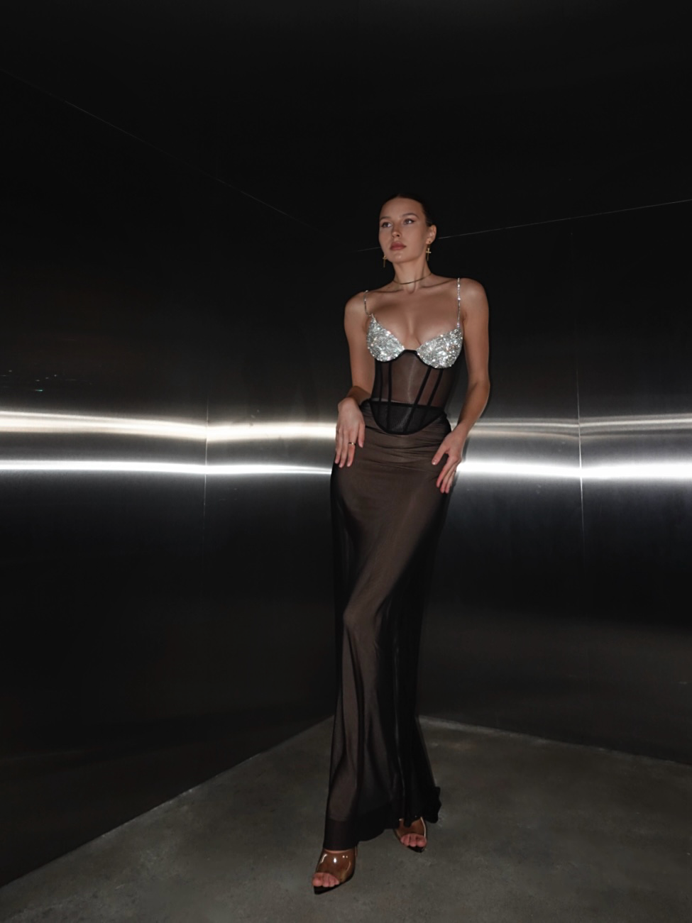 Topaz Rhinestone Embellished Cup Corset & Kylie Mesh Maxi Skirt Set in by MERIEL