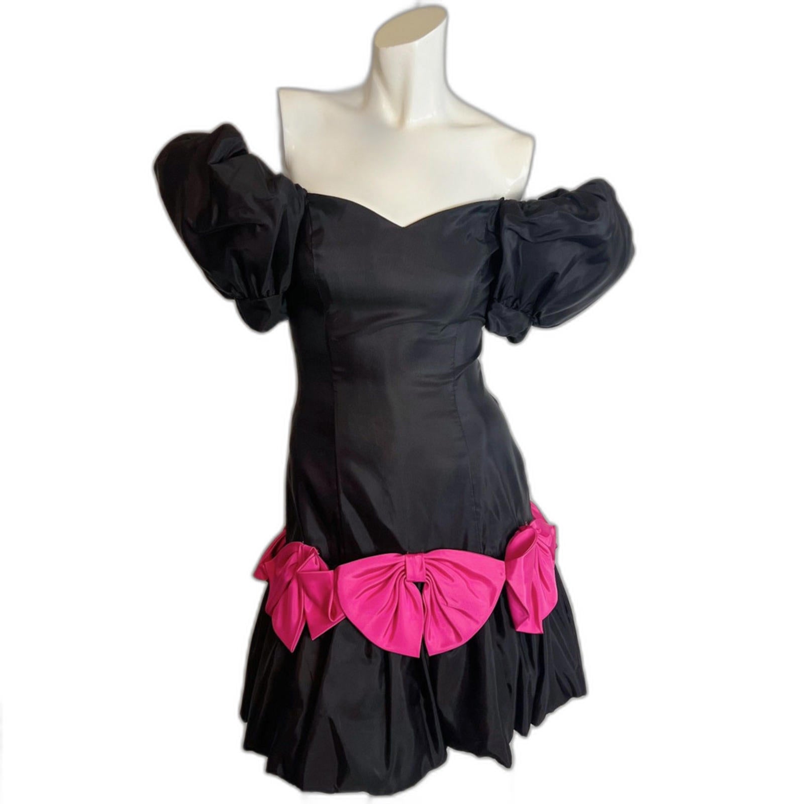 Vintage 80s Black Puff Sleeves Pink Bows Dress Party Prom Retro Size 7 by Hot Girl Secondhand