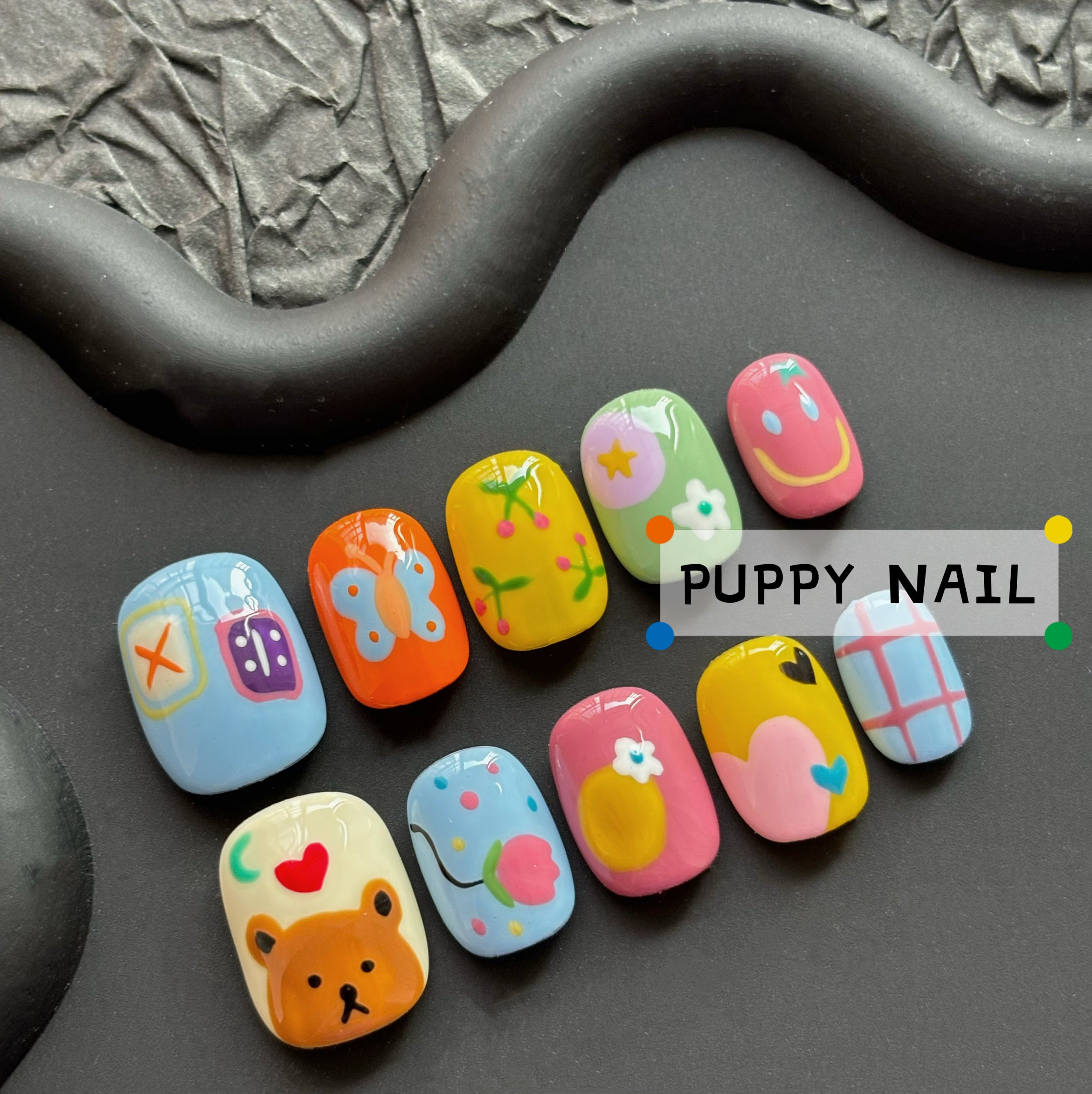 Puppy Fun Bear Dopamine Nail Art | Cute Cartoon Short Nails for Playful Look by Land Decora