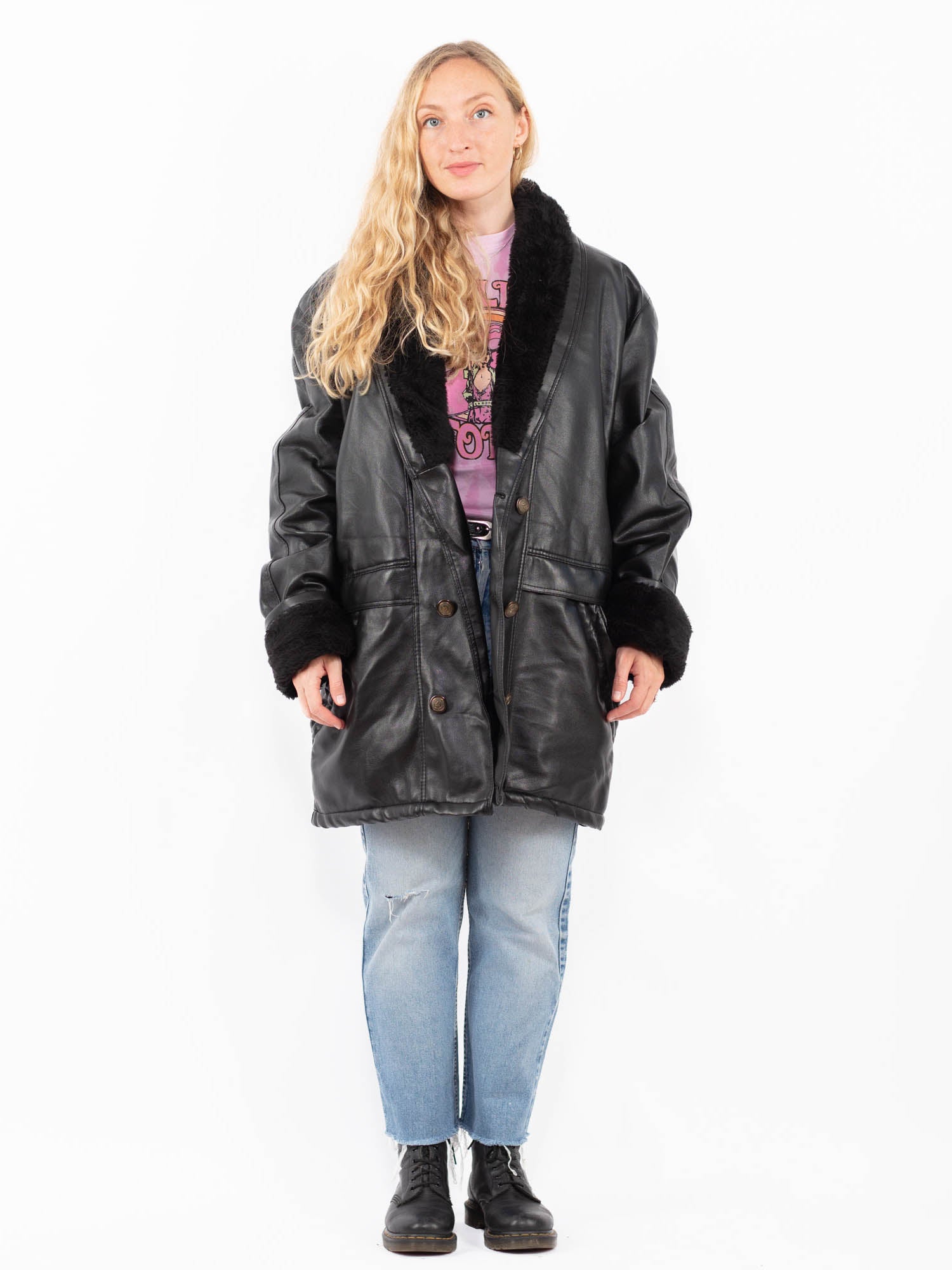 Vintage 90's Women Faux Sheepskin Coat in Black by Northern Grip