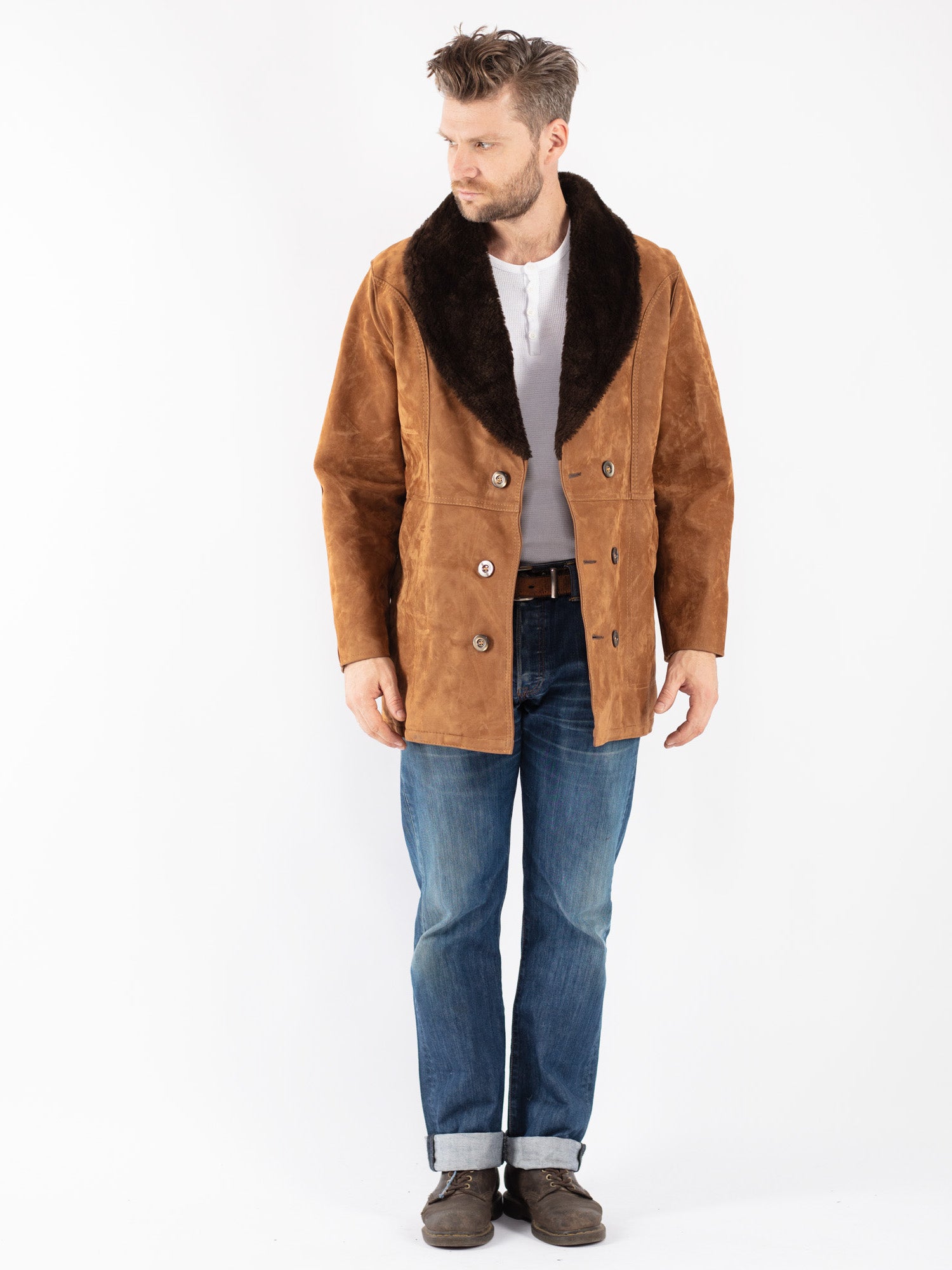 Vintage 70's Men Faux Sheepskin Coat in Brown by Northern Grip