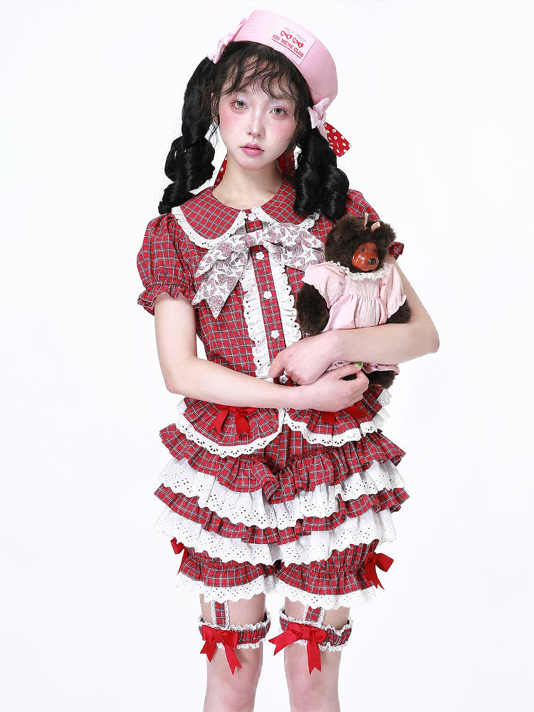 Retro Red Plaid Pumpkin Shorts - Showa Vintage Kawaii - SOS MEME CLUB by Land Decora
