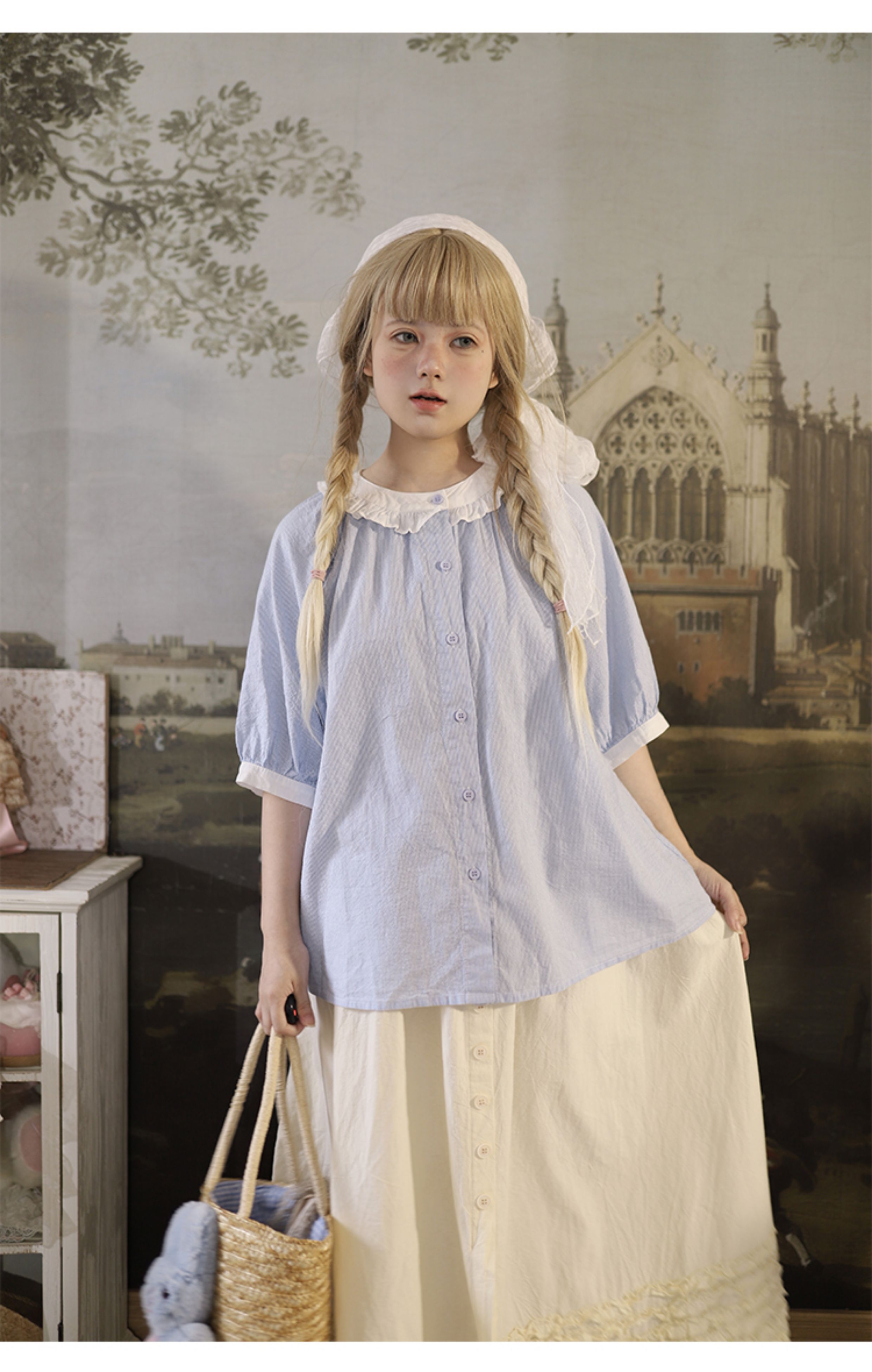 Cottagecore Blouse Puff Sleeve Striped Design - Labeau by Land Decora