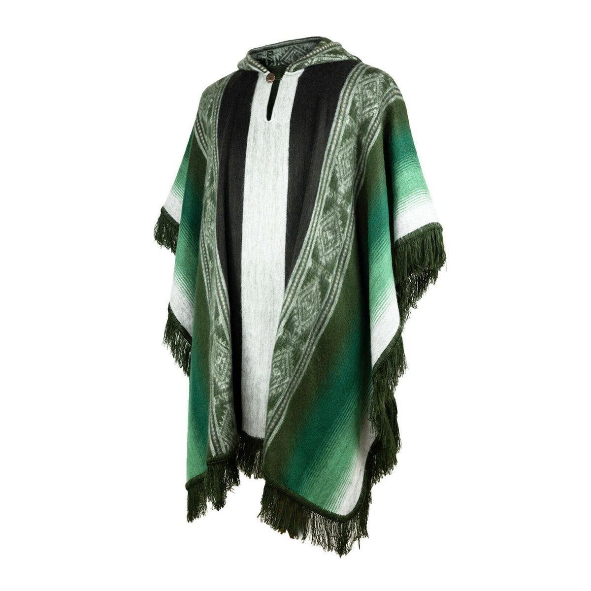 Lightweight Baby Alpaca Wool Fringed Hooded Poncho Pullover - Green by ECUALAMA
