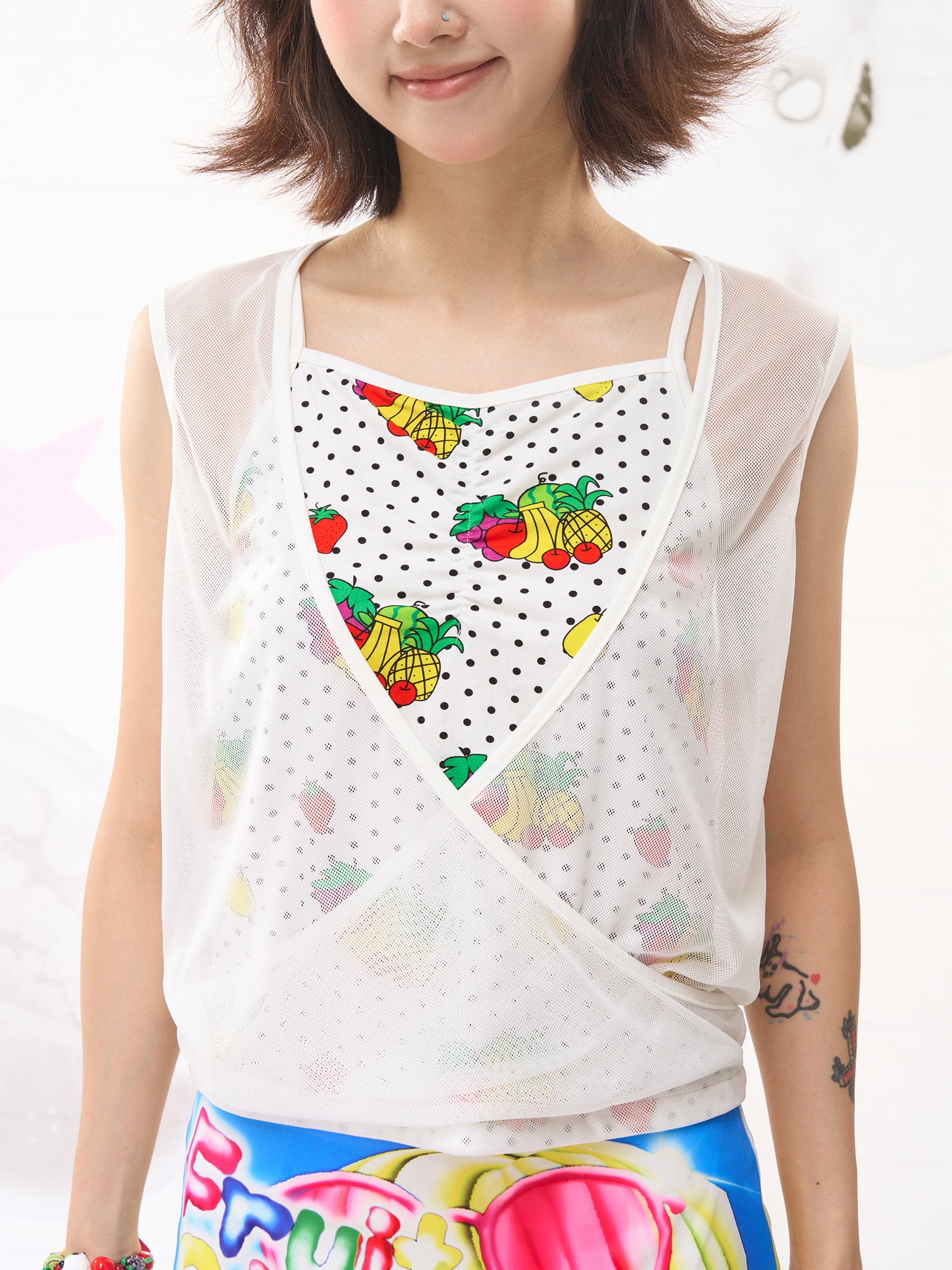 FRUITS Fruit Dot Mesh Tank | Dual-Layer Vintage Y2K Vest by Land Decora