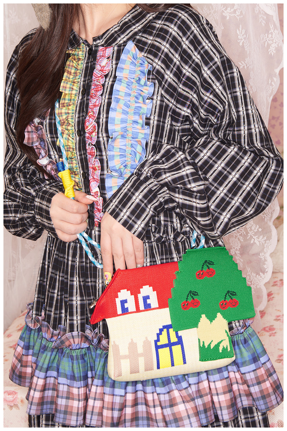 Kawaii Red House & Cherry Tree Knit Crossbody Bag - tntntutu by Land Decora