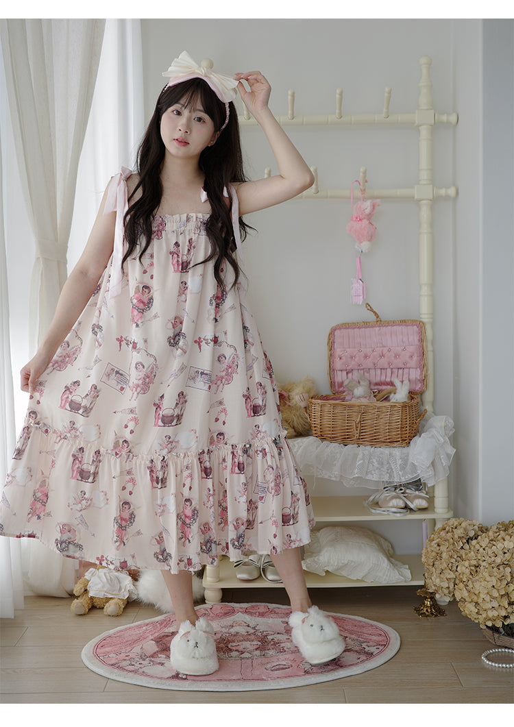 Kawaii Ruffle Print Ribbon Strap Dress Cotton Blend Loose Fit - Labeau by Land Decora