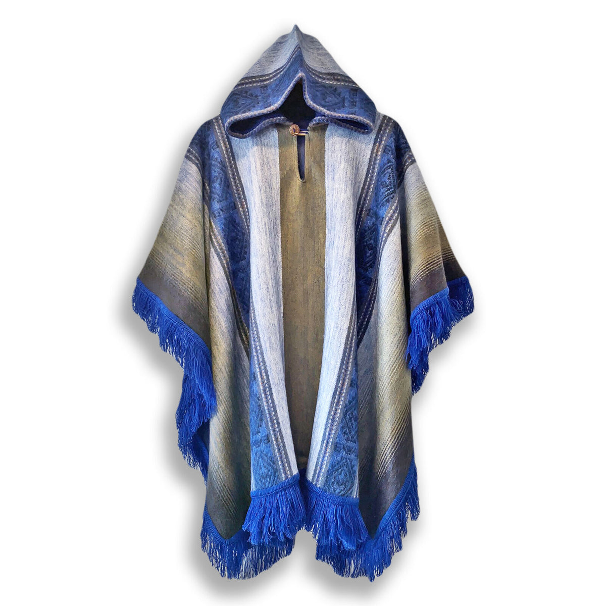 Lightweight Baby Alpaca Wool Unisex Fringed Hooded Poncho Pullover - Blue by ECUALAMA