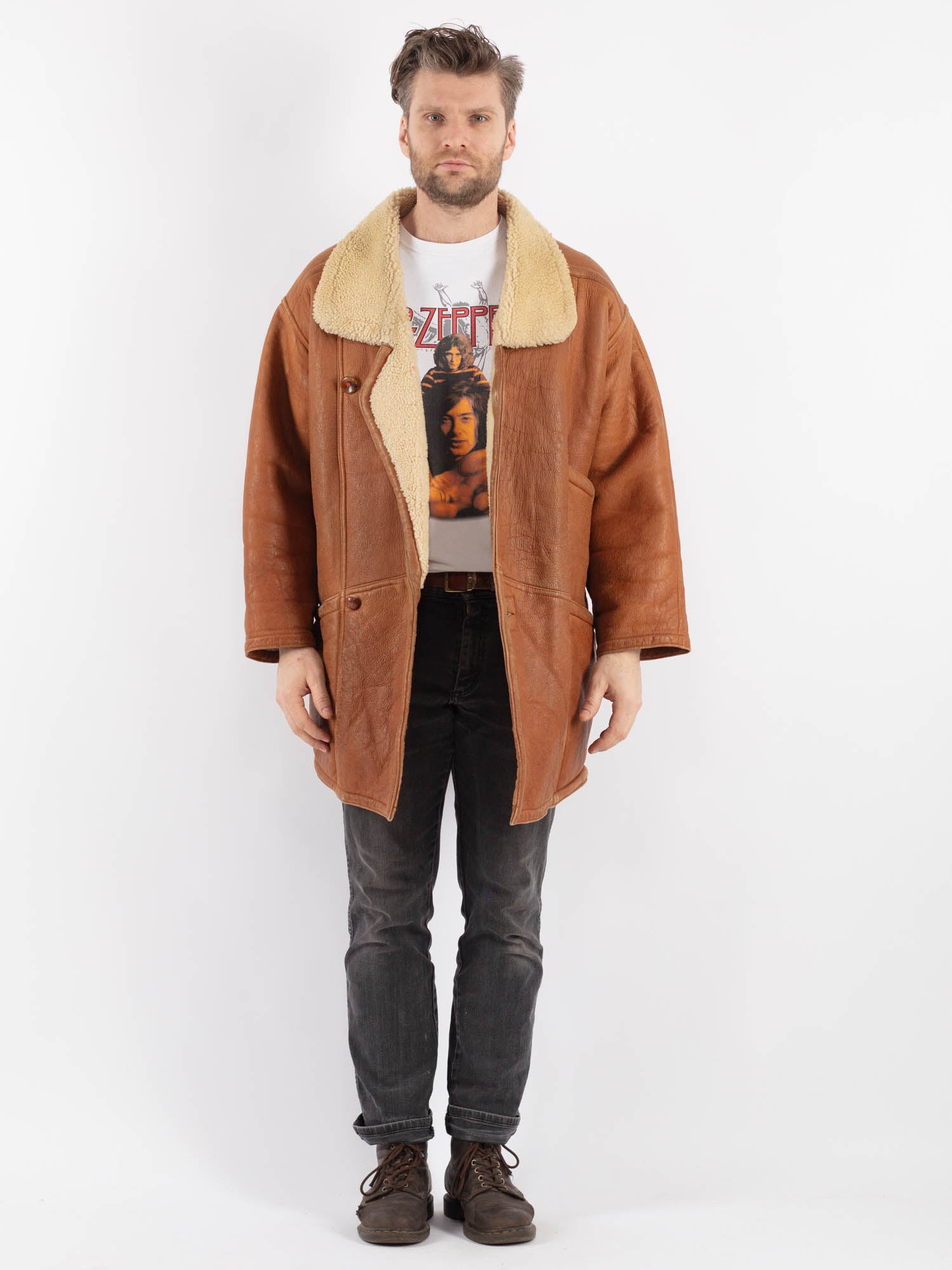 Vintage 80's Men Sheepskin Coat in Brown by Northern Grip