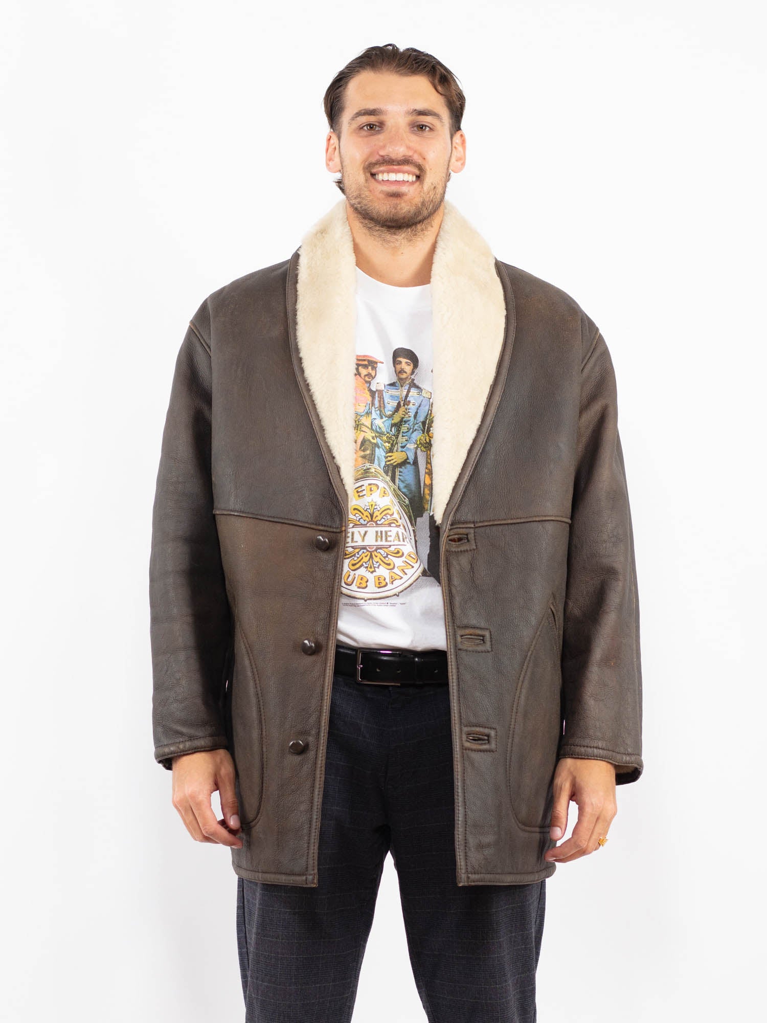 Vintage 80's Men Sheepskin Shearling Coat in Brown by Northern Grip