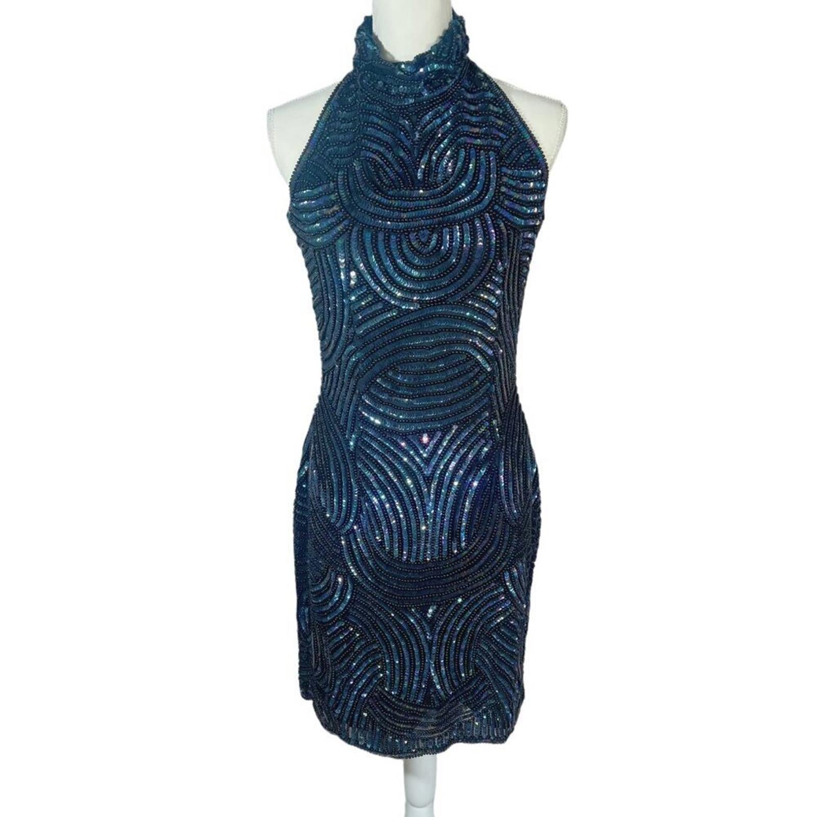 NWT Carina International Handmade Silk Blue Beaded Halter Dress Formal by Hot Girl Secondhand